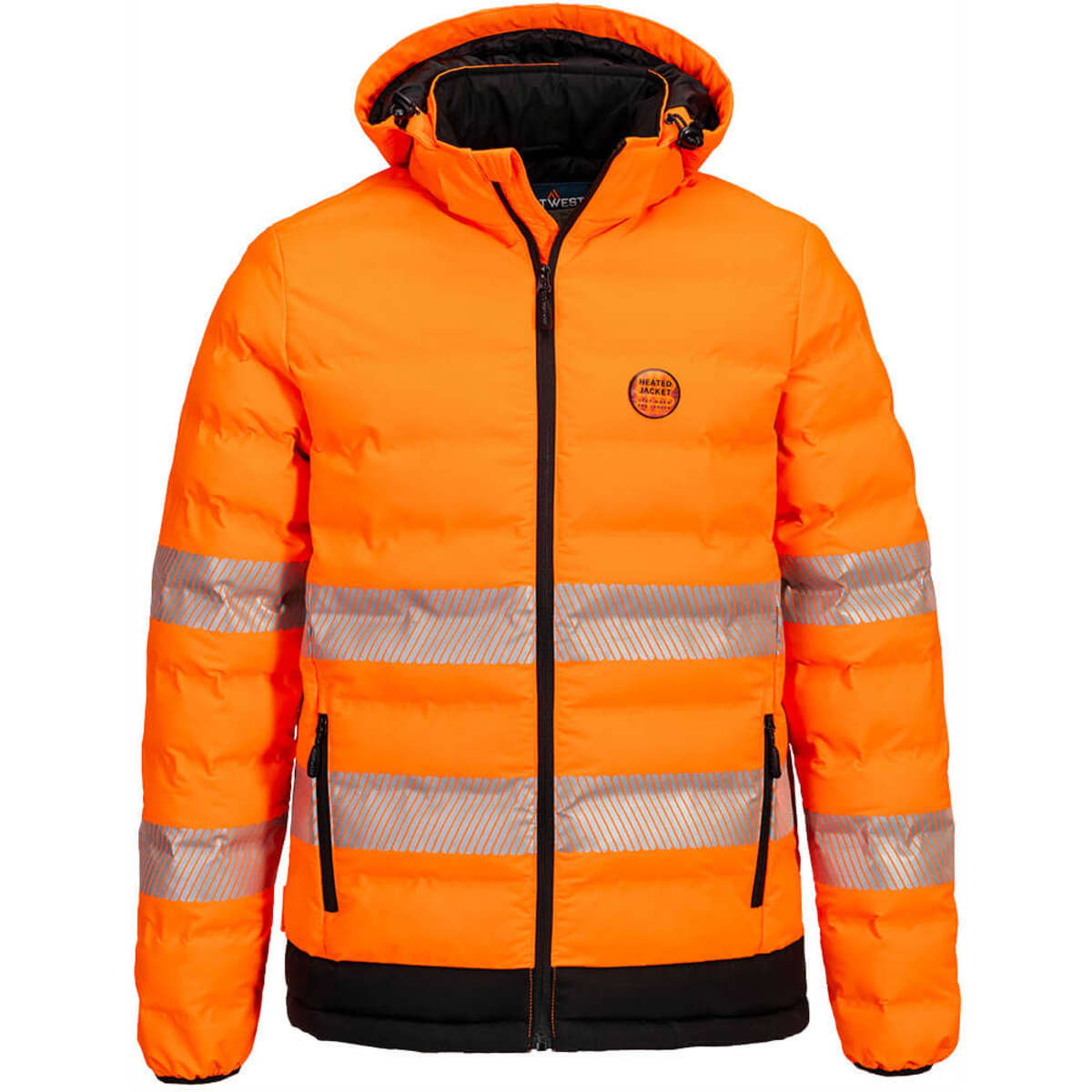 A bright orange heated tunnel jacket with reflective strips and a hood, featuring a logo on the chest.