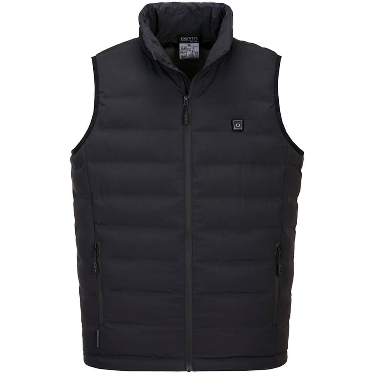 A black heated tunnel gilet featuring a zip front and a small logo on the chest. It has side pockets and a collar.