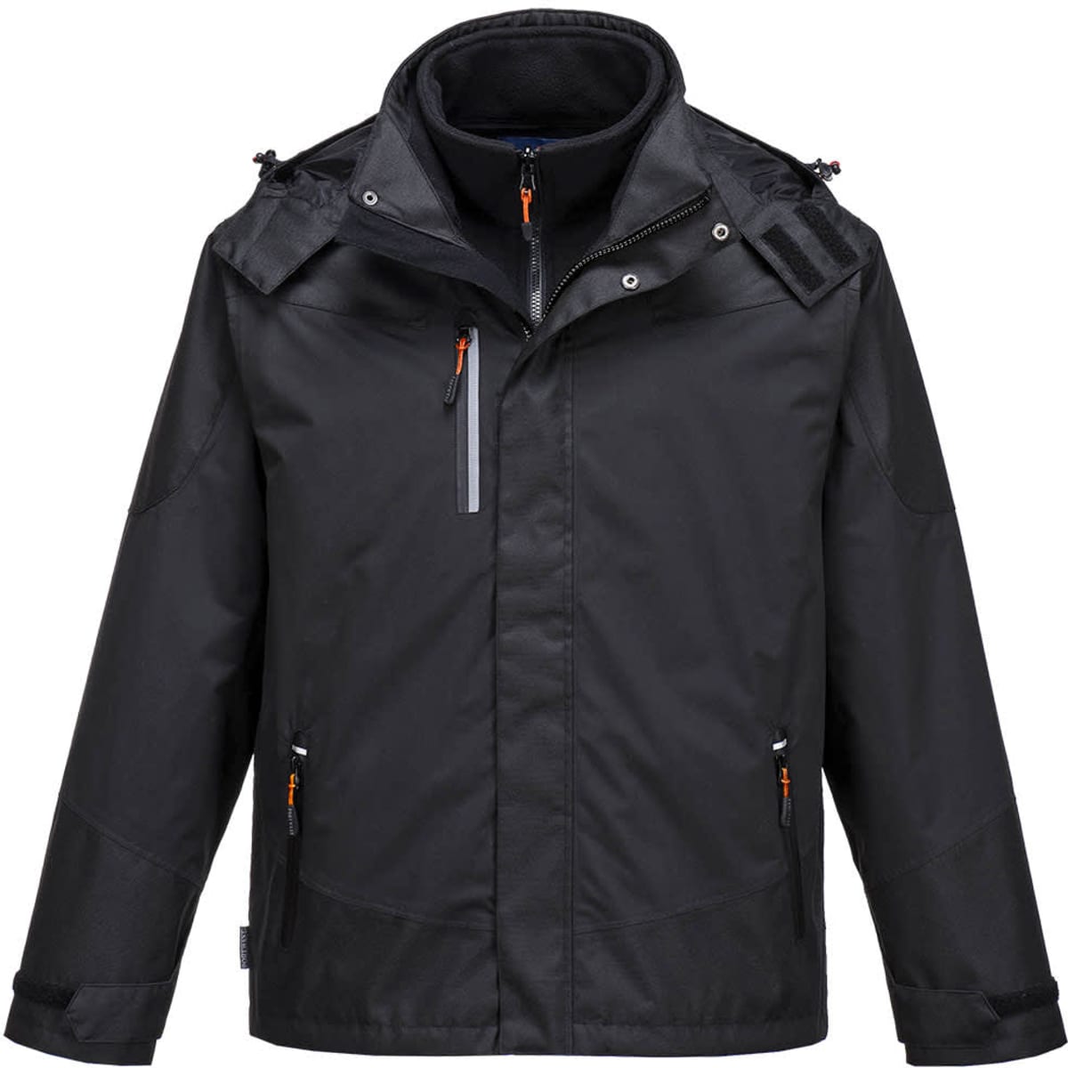 A black Radial 3-in-1 jacket featuring multiple pockets and a hood. It includes a branding logo.