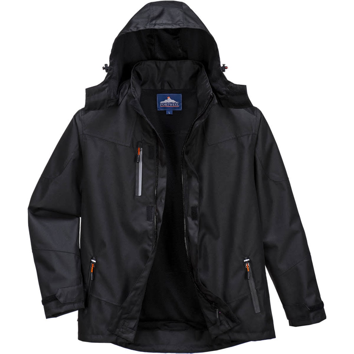 A black jacket with a hood, featuring zippered pockets and a branded logo tag inside.
