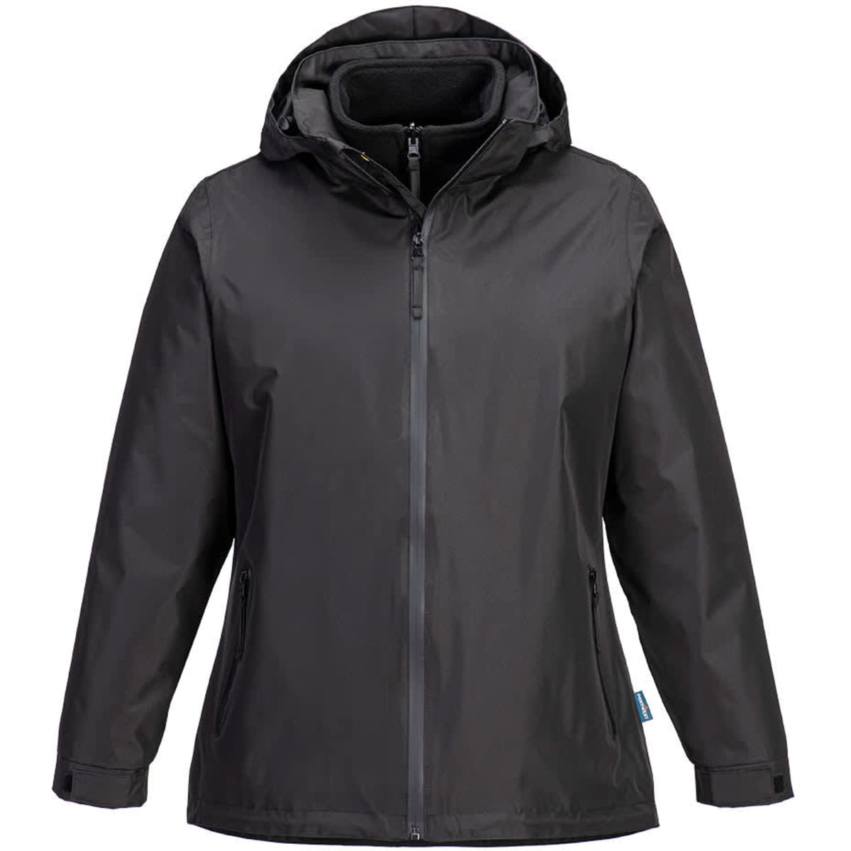 A women's black 3-in-1 jacket featuring a hood and zip front, with an inner lining and branding.