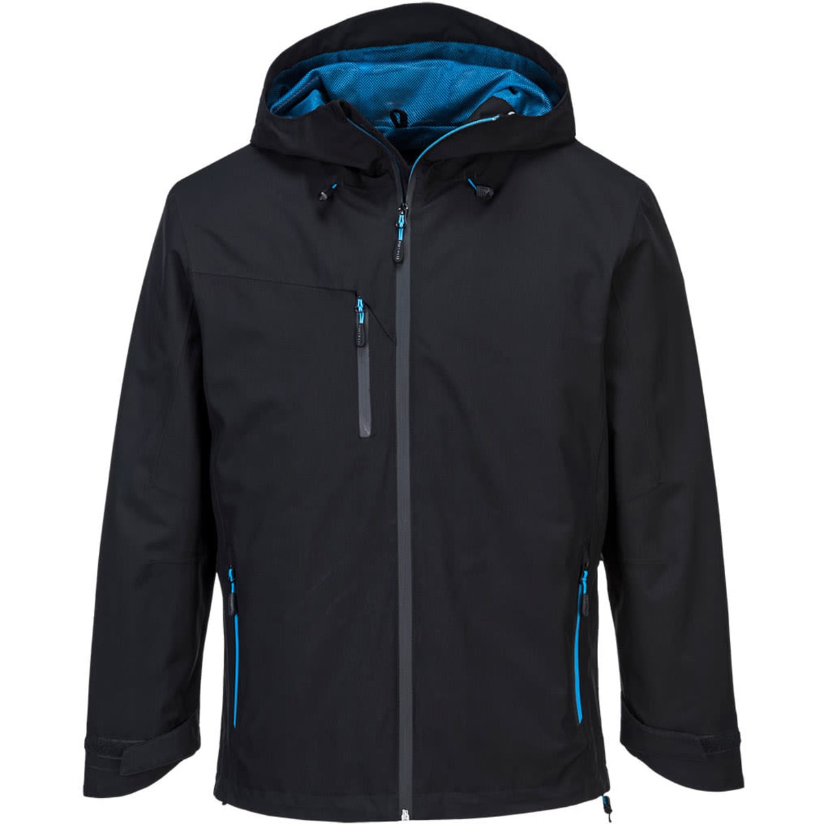 A black soft shell jacket with a blue interior, featuring a hood and zippered pockets. It has a logo on the front.