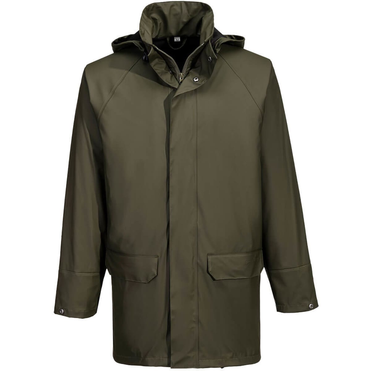 A khaki waterproof jacket with a hood, featuring snap buttons and pockets, along with a logo.