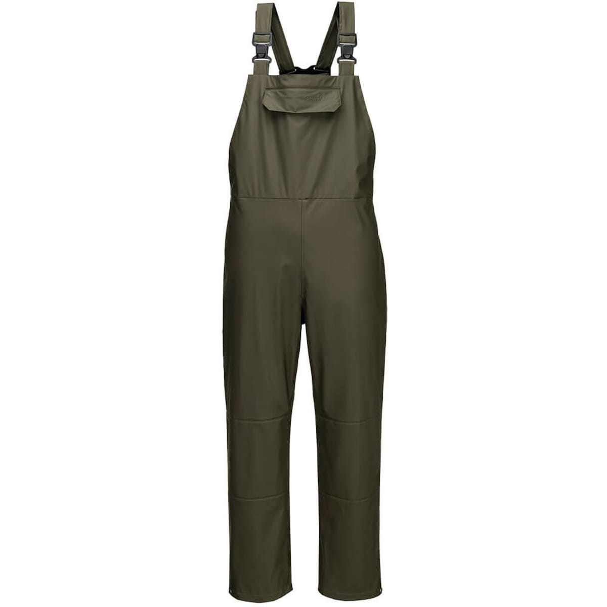 A pair of olive green waterproof bib overalls with adjustable straps and a front pocket. Features a logo on the side.