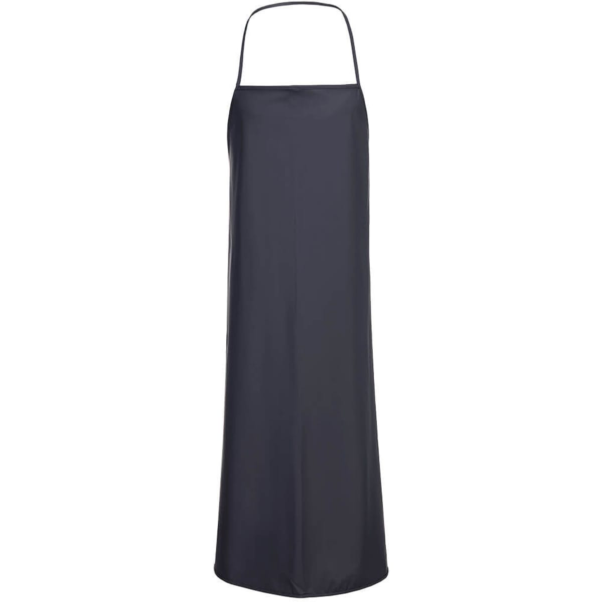 A black Chem Apron with a halter neck design, featuring a smooth, glossy finish and a logo at the top.