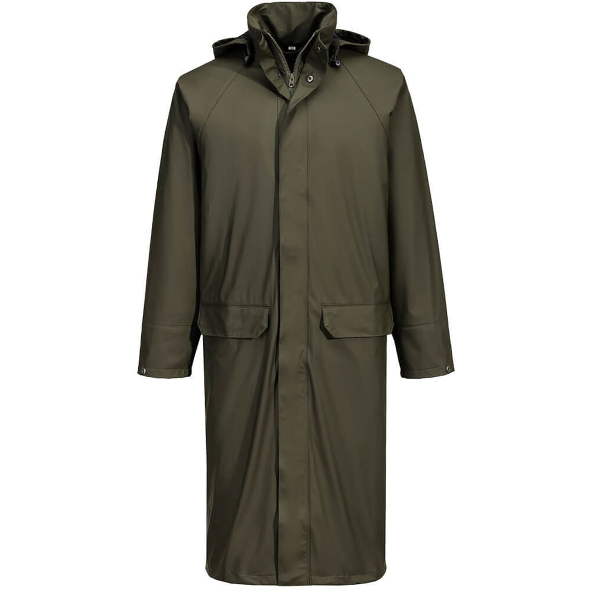 A long coat in olive green with a hood, featuring two front pockets and a buttoned closure. It has a logo on the chest.