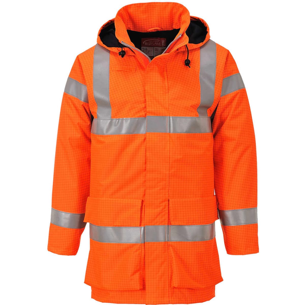 Bright orange rain jacket with reflective stripes and a hood. Features multiple pockets and a logo branding.