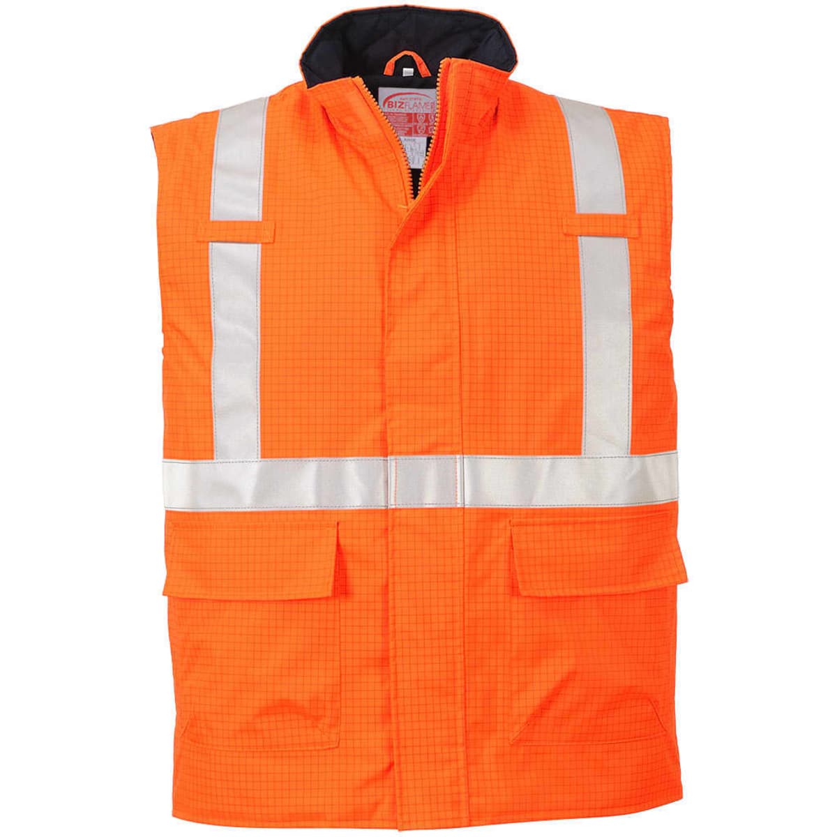 An orange bodywarmer featuring reflective strips and multiple pockets, designed for workwear use.