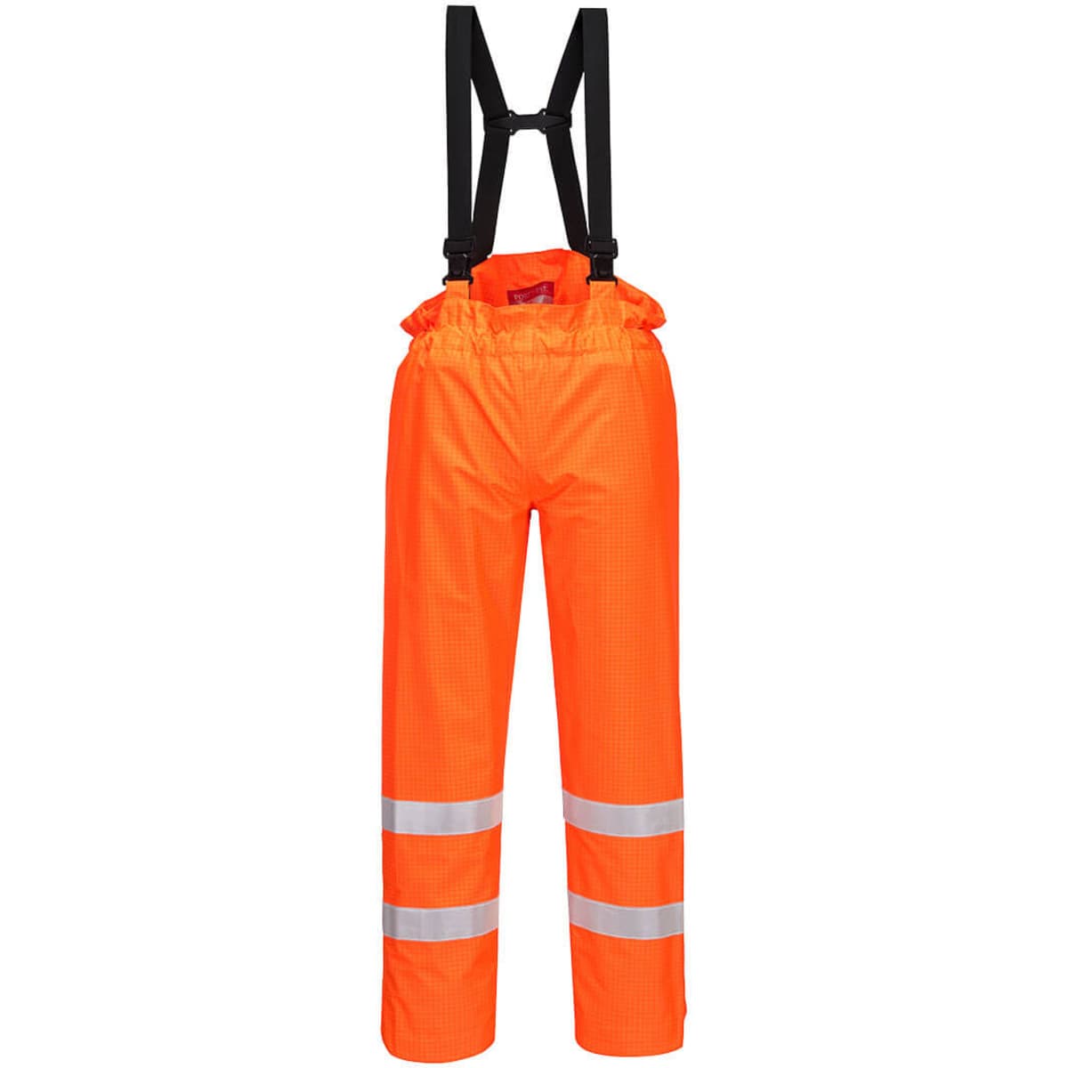 High-visibility orange antistatic FR trousers with reflective stripes and adjustable suspenders. 