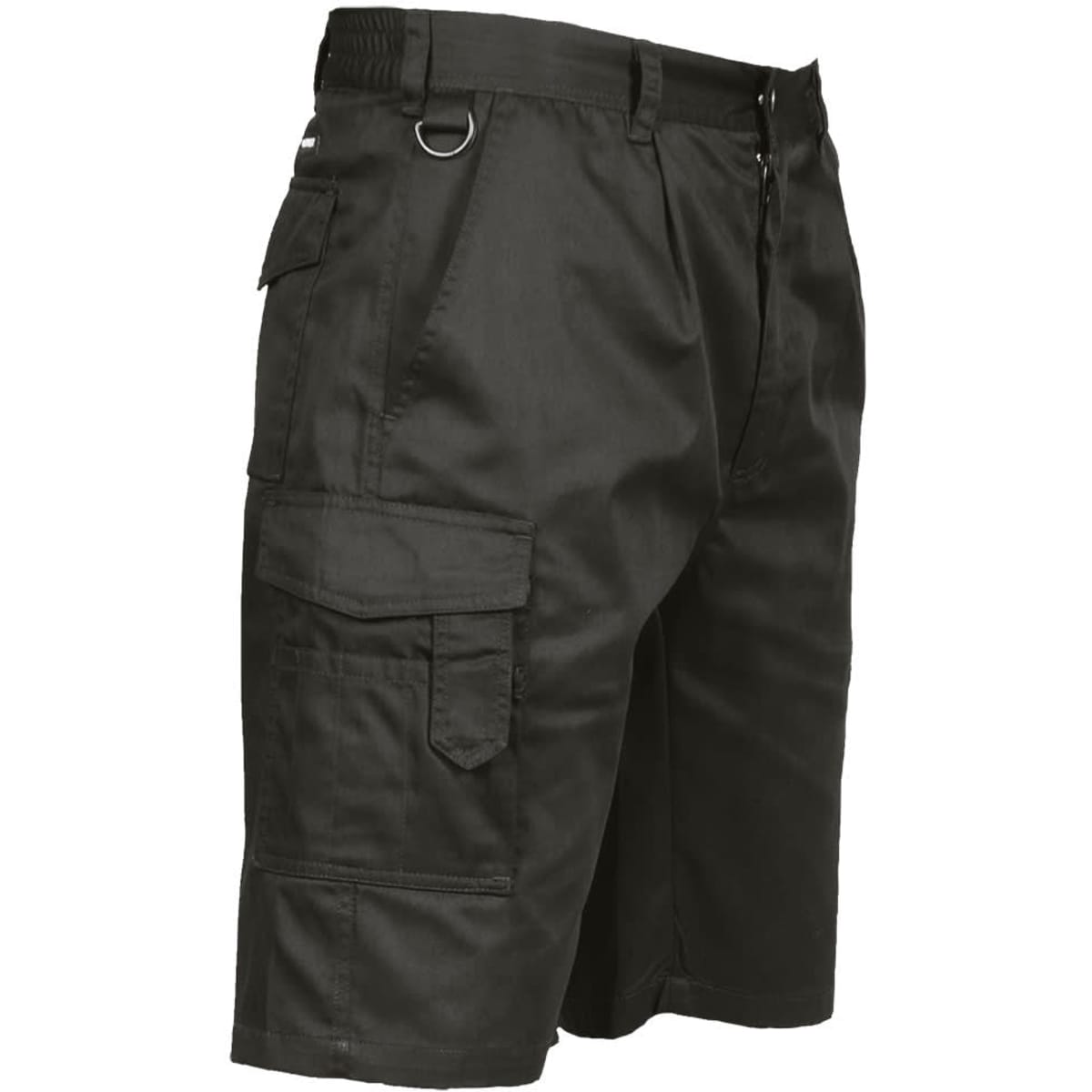 Combat shorts in dark green with multiple cargo pockets and a waistband featuring a loop for accessories.