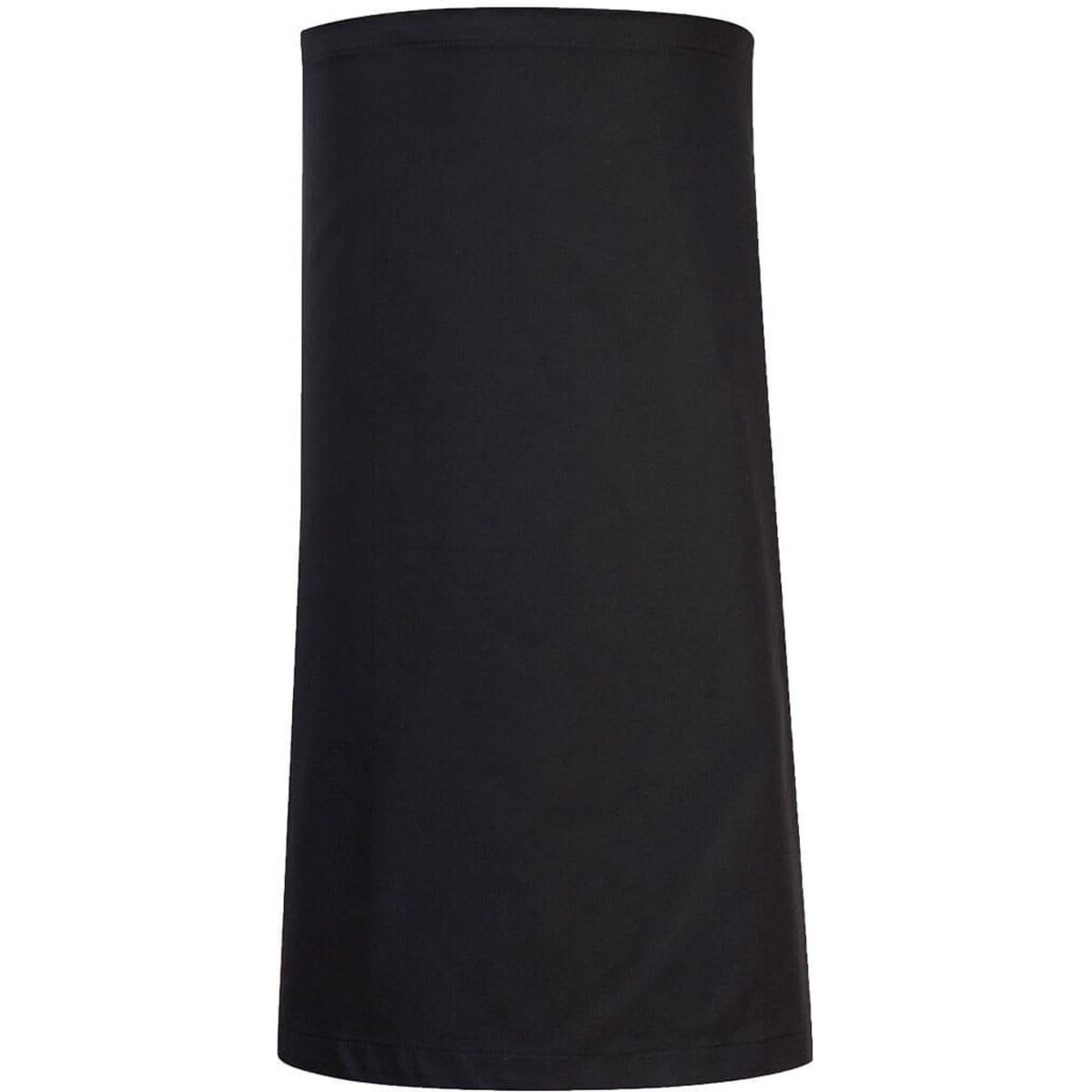 A black regular apron, featuring a simple design and a logo on it.