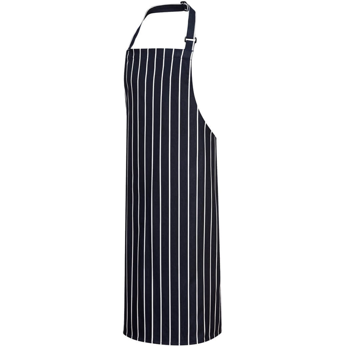 A navy striped apron with adjustable straps and a sleek design. It includes a branding logo.