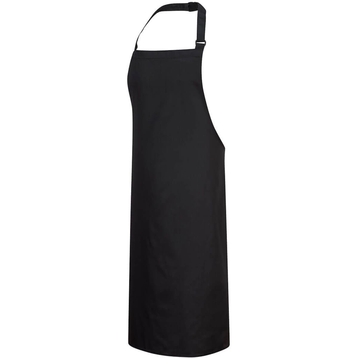 A black bib apron with a neck strap, featuring a simple design and one logo.