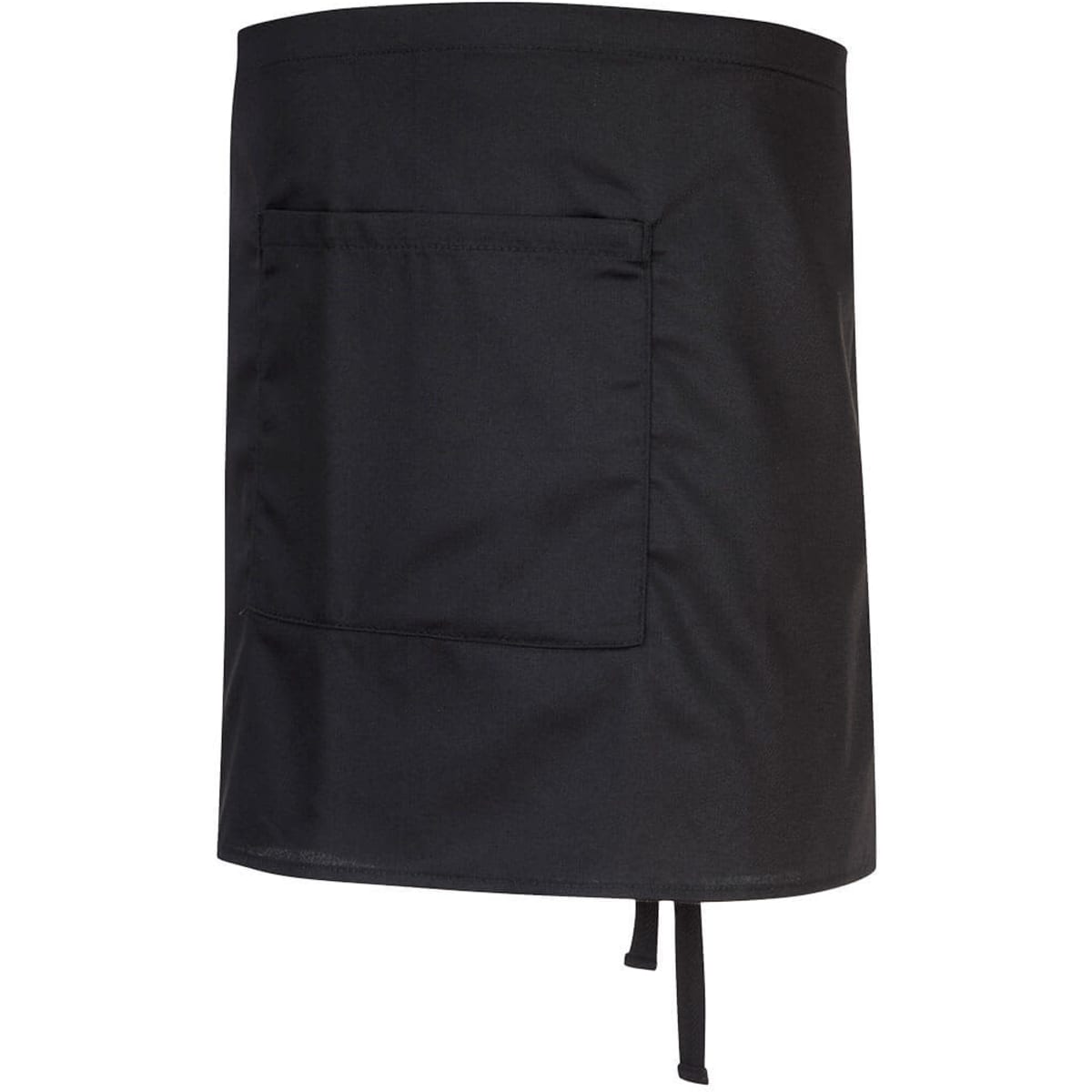 A black bar apron featuring a front pocket and tie fastenings at the back.