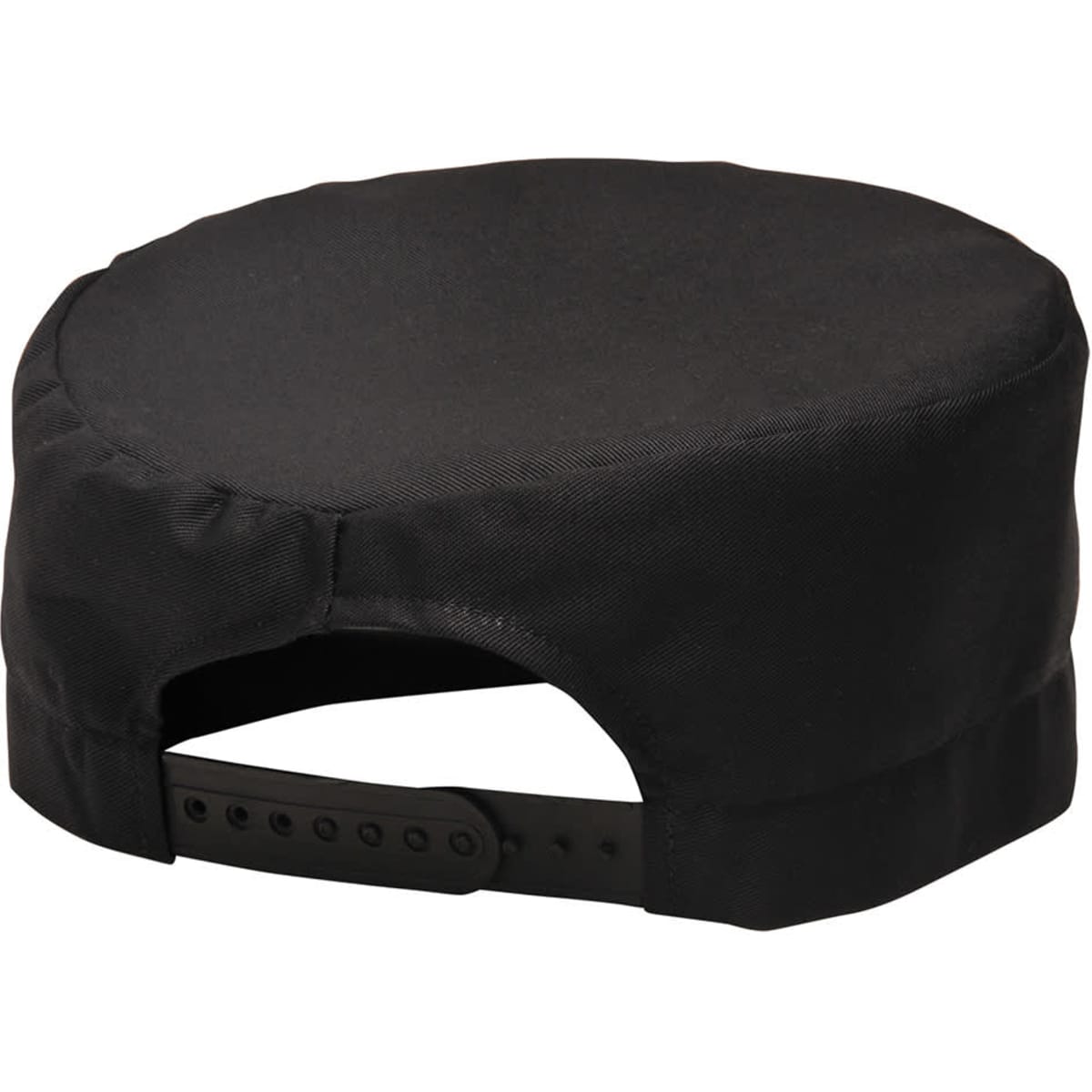 A black chef's skull cap with a flat top and adjustable strap at the back, featuring a logo.