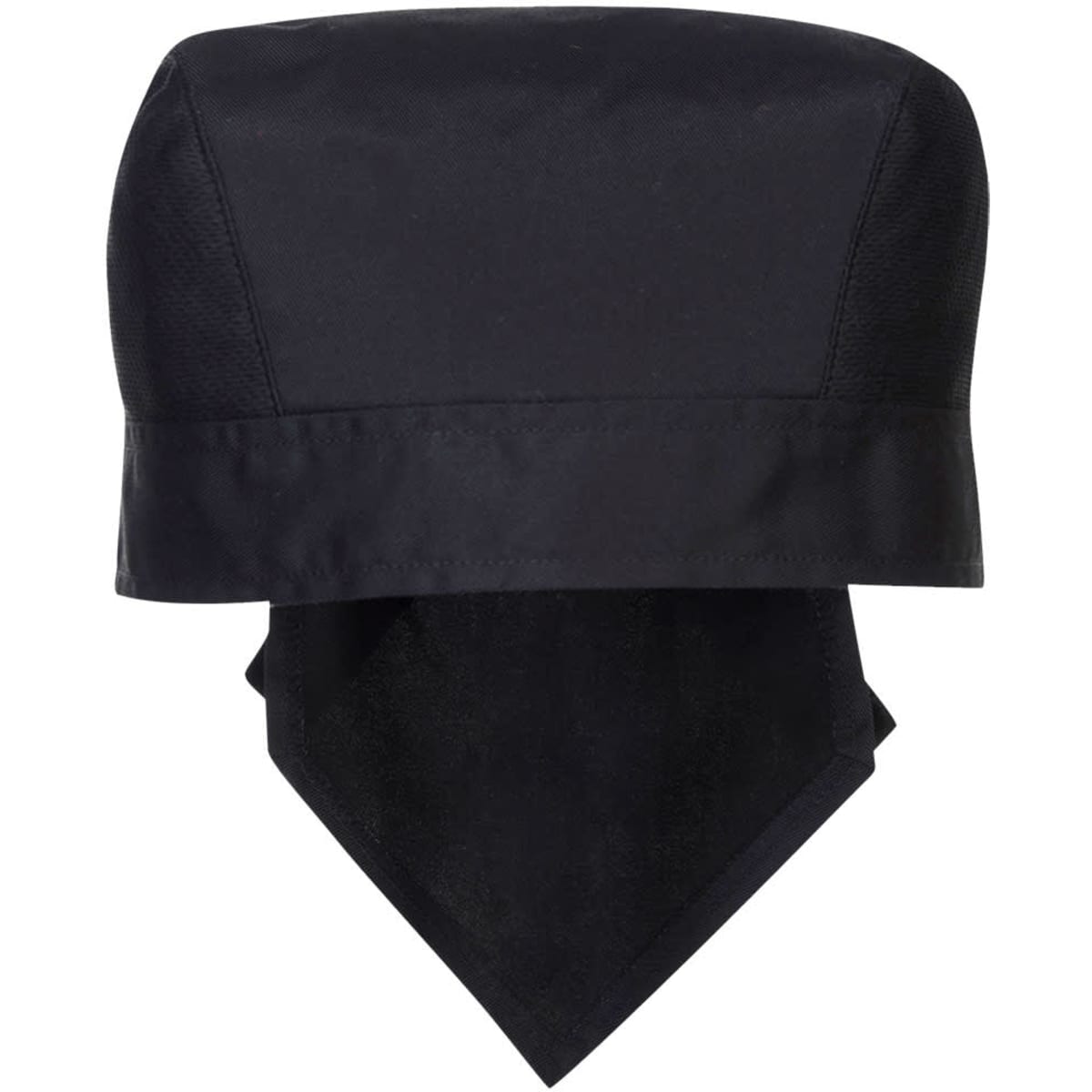 A black MeshAir Pro Bandana with a fitted top and a triangular drape, featuring a logo.