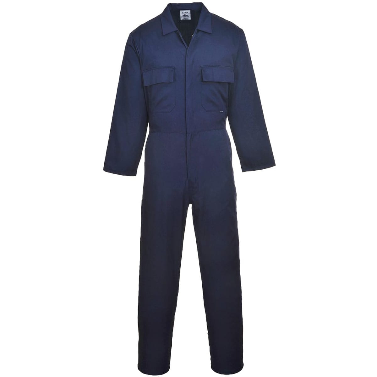 A navy blue Euro Work Boilersuit with long sleeves and two chest pockets, featuring a logo.