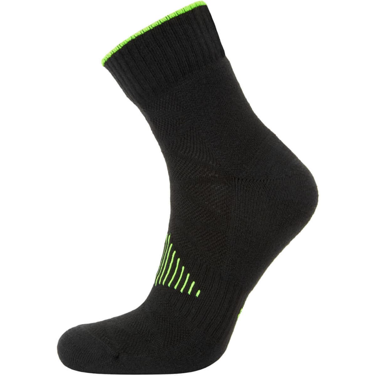 A black trainer sock with green accents, featuring a textured design and a branded logo.