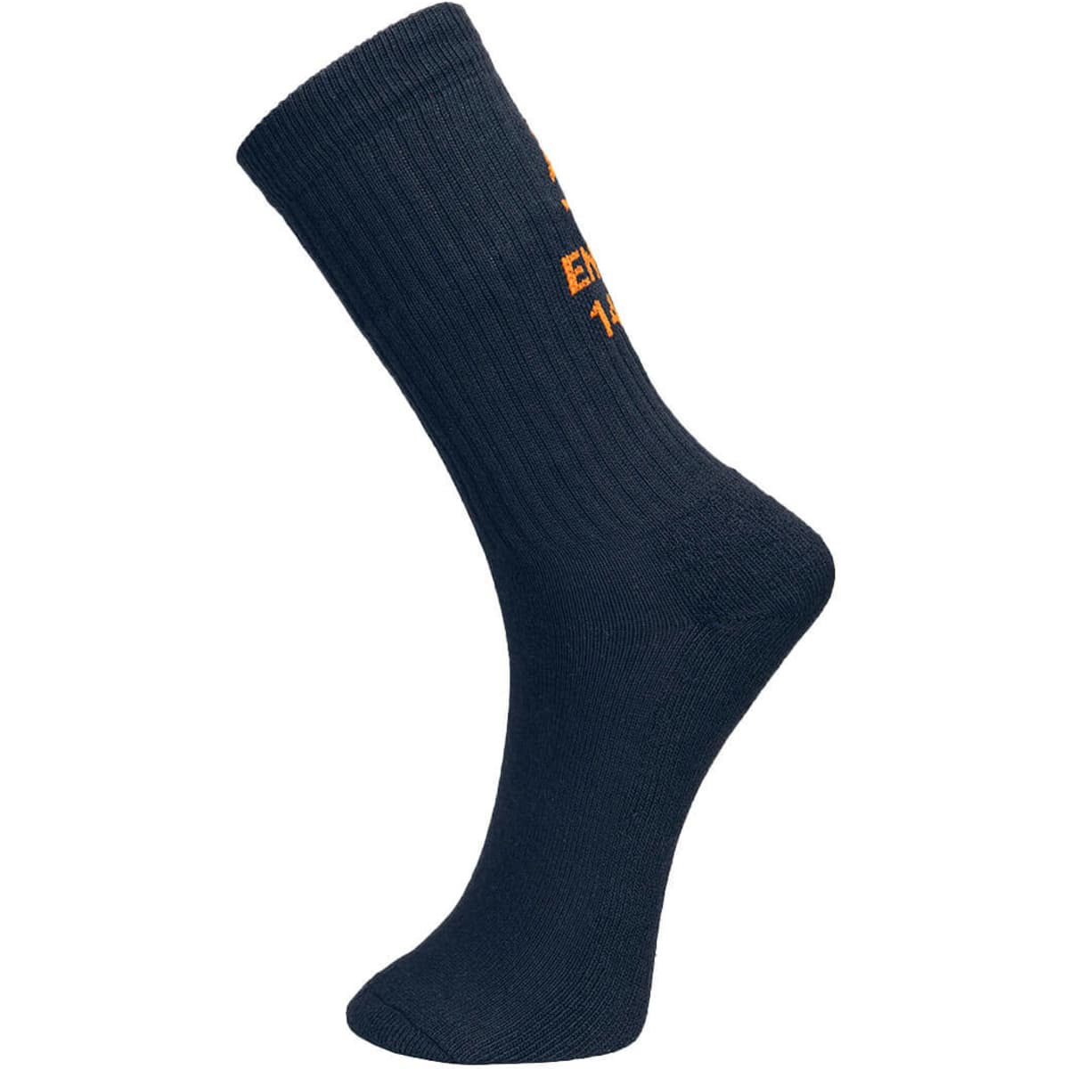 A blue work sock with a ribbed design and an orange logo. Suitable for workwear categories.