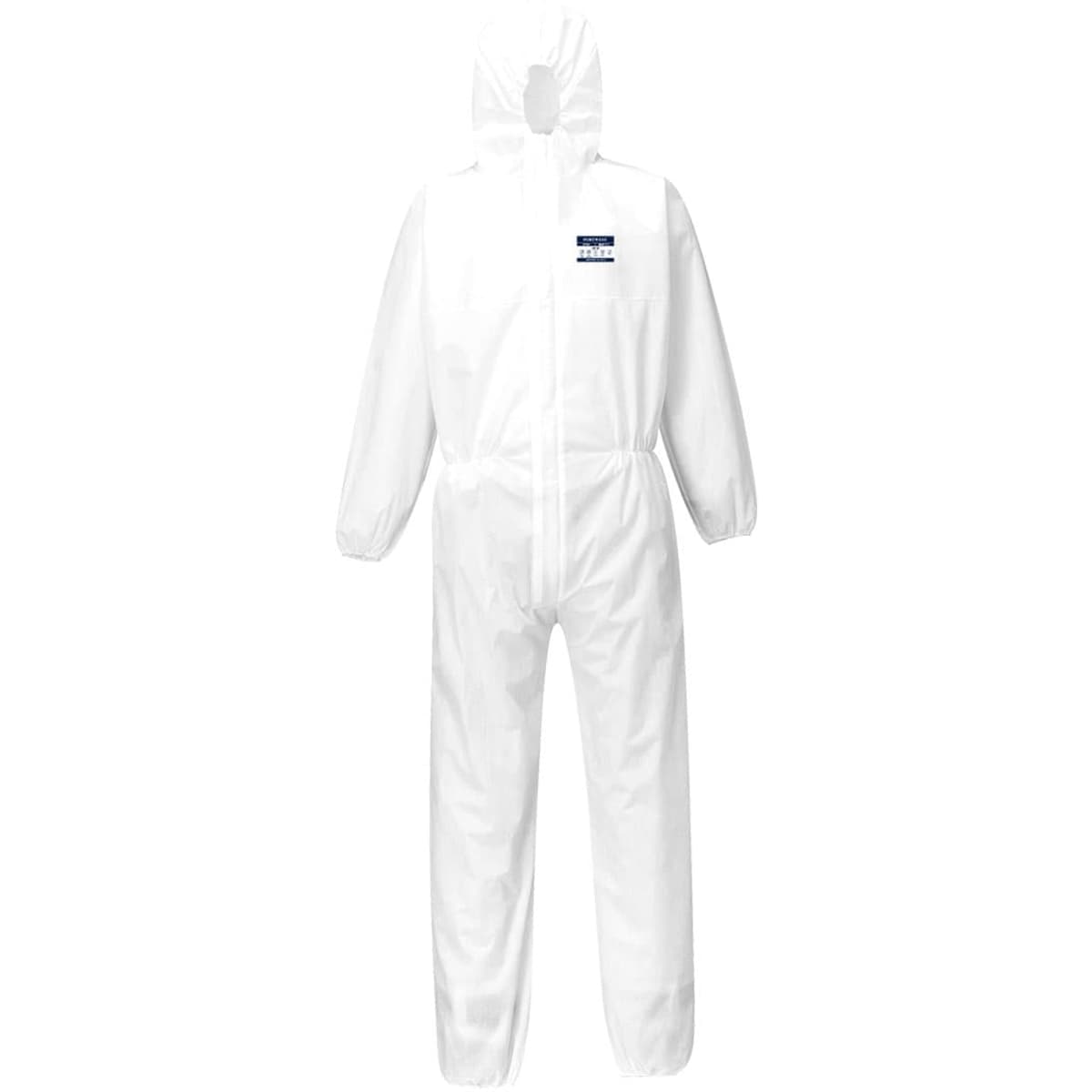 A white coverall suit with a hood, featuring an emblem on the chest, suitable for safety wear.