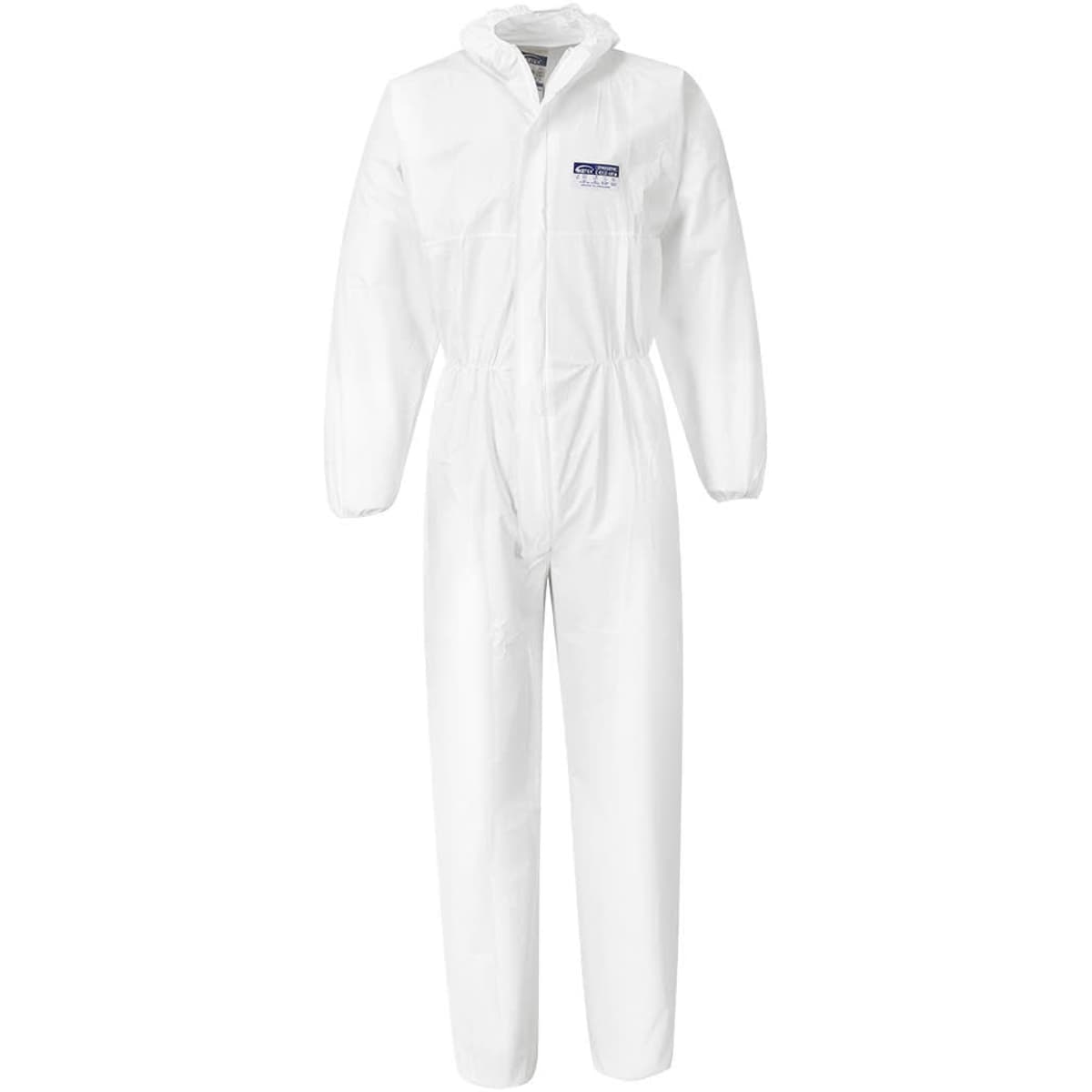 A white coverall made from PP/PE material, featuring a zip front and elastic cuffs, packaged in a set of 50.