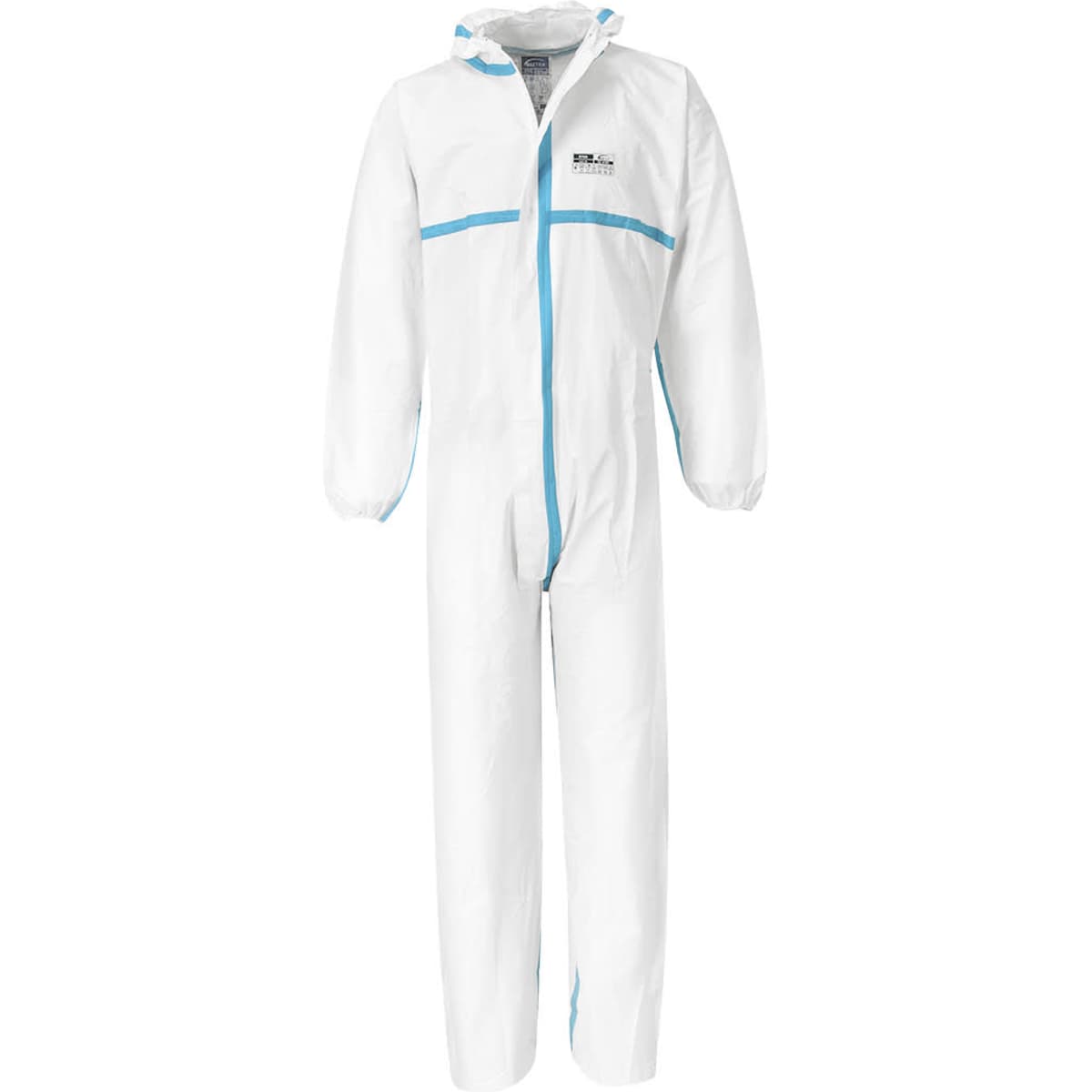 A white coverall with blue accents, featuring a hood and elastic cuffs, part of a pack of 50. It has a logo.