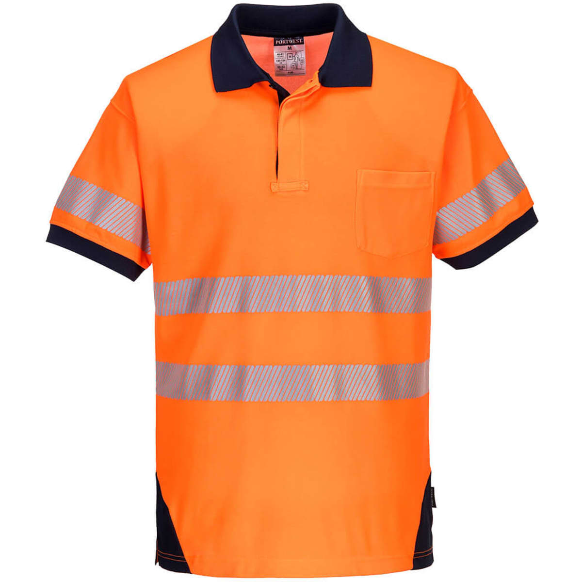 A bright orange polo shirt with navy blue accents and reflective strips, featuring a pocket and a logo.