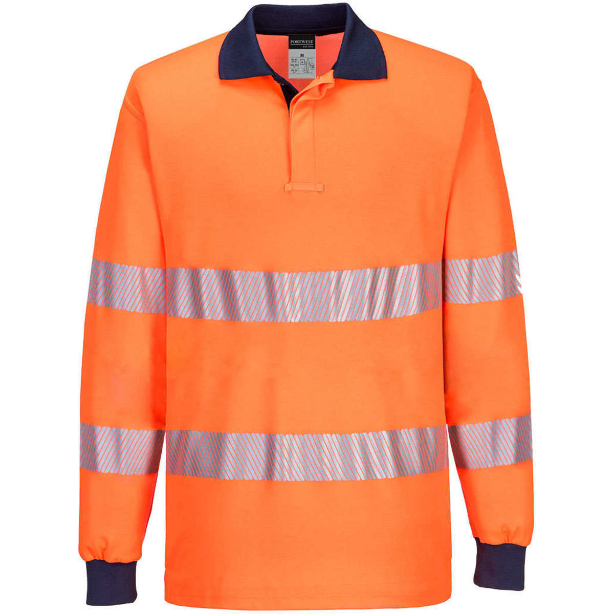Hi-Vis long-sleeve polo shirt in bright orange with reflective stripes and a navy collar. Logo present on the shirt.