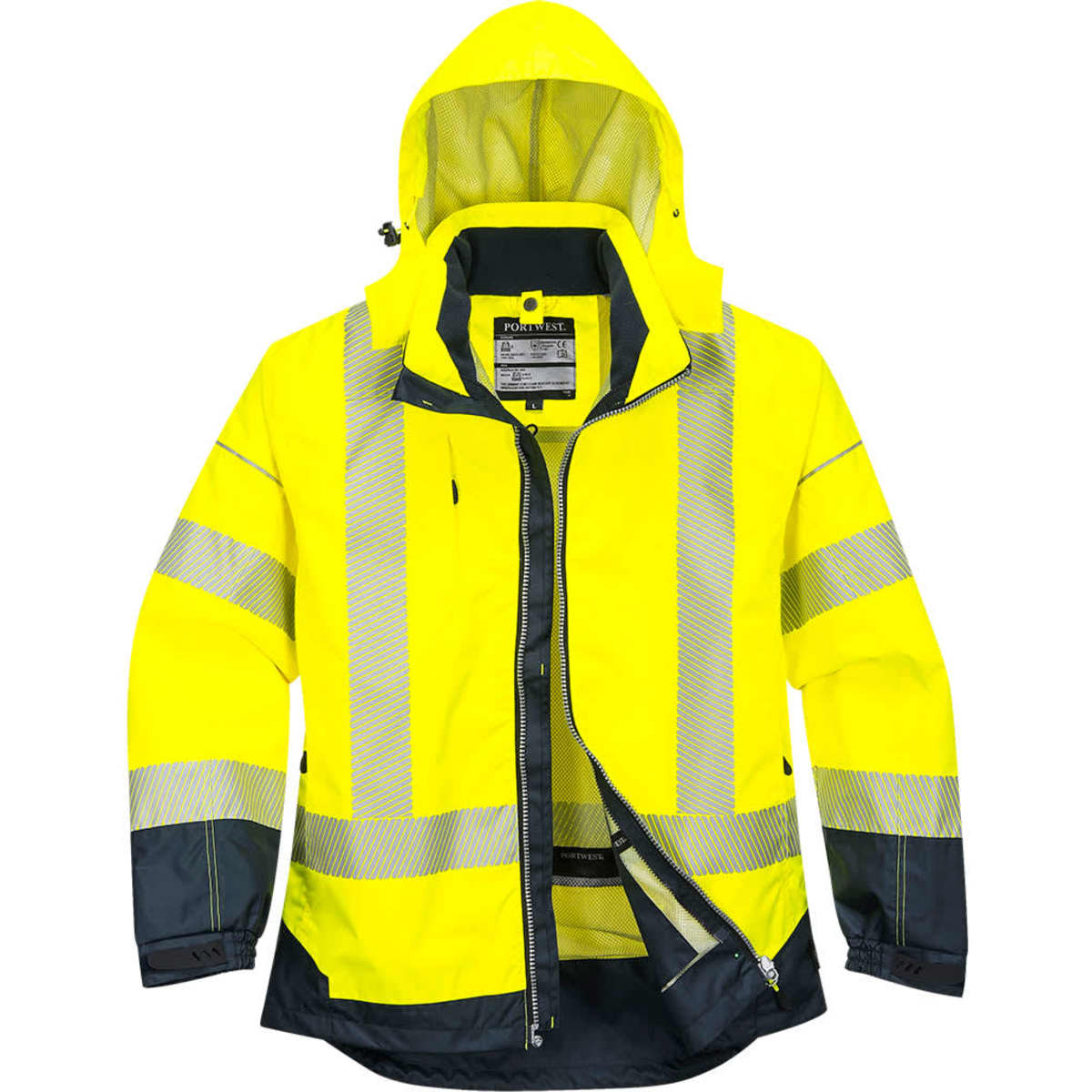 A bright yellow high-visibility jacket with reflective stripes and a hood, featuring a zipped front and dark sleeves.