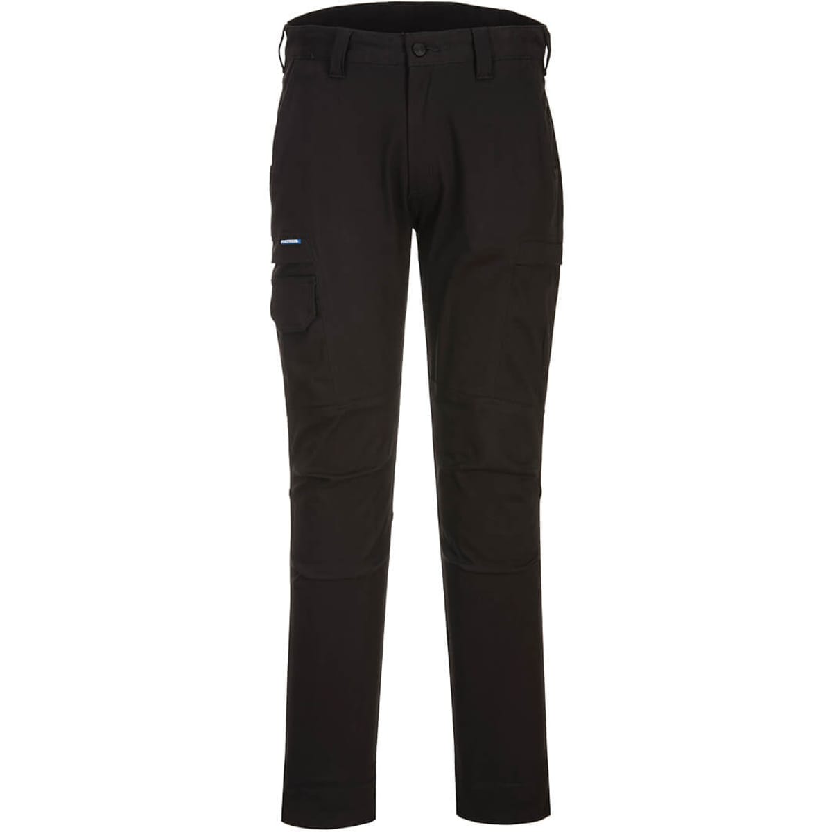 Black cargo trousers featuring multiple pockets and a logo. Suitable for various outdoor activities.