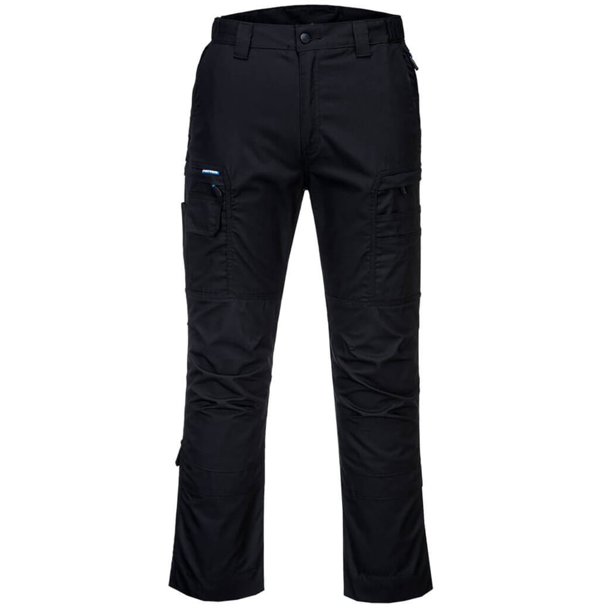 Black KX3 Ripstop Trousers with multiple cargo pockets and a logo. Designed for utility and durability.