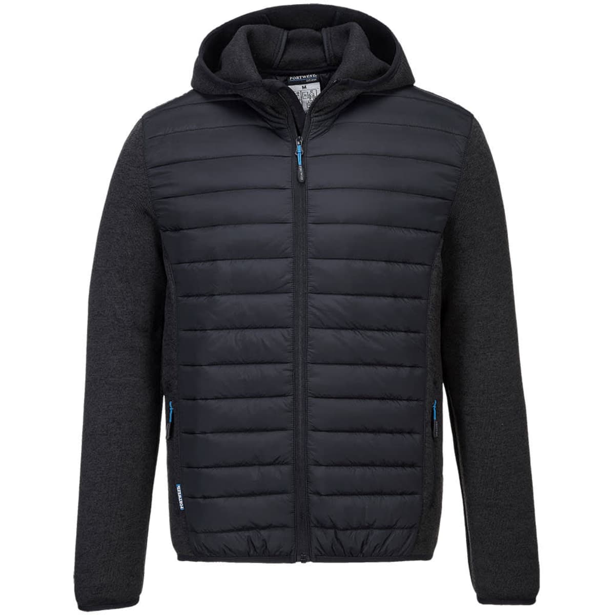 A black and grey hybrid baffle jacket with a hood, featuring a zip front and logo.