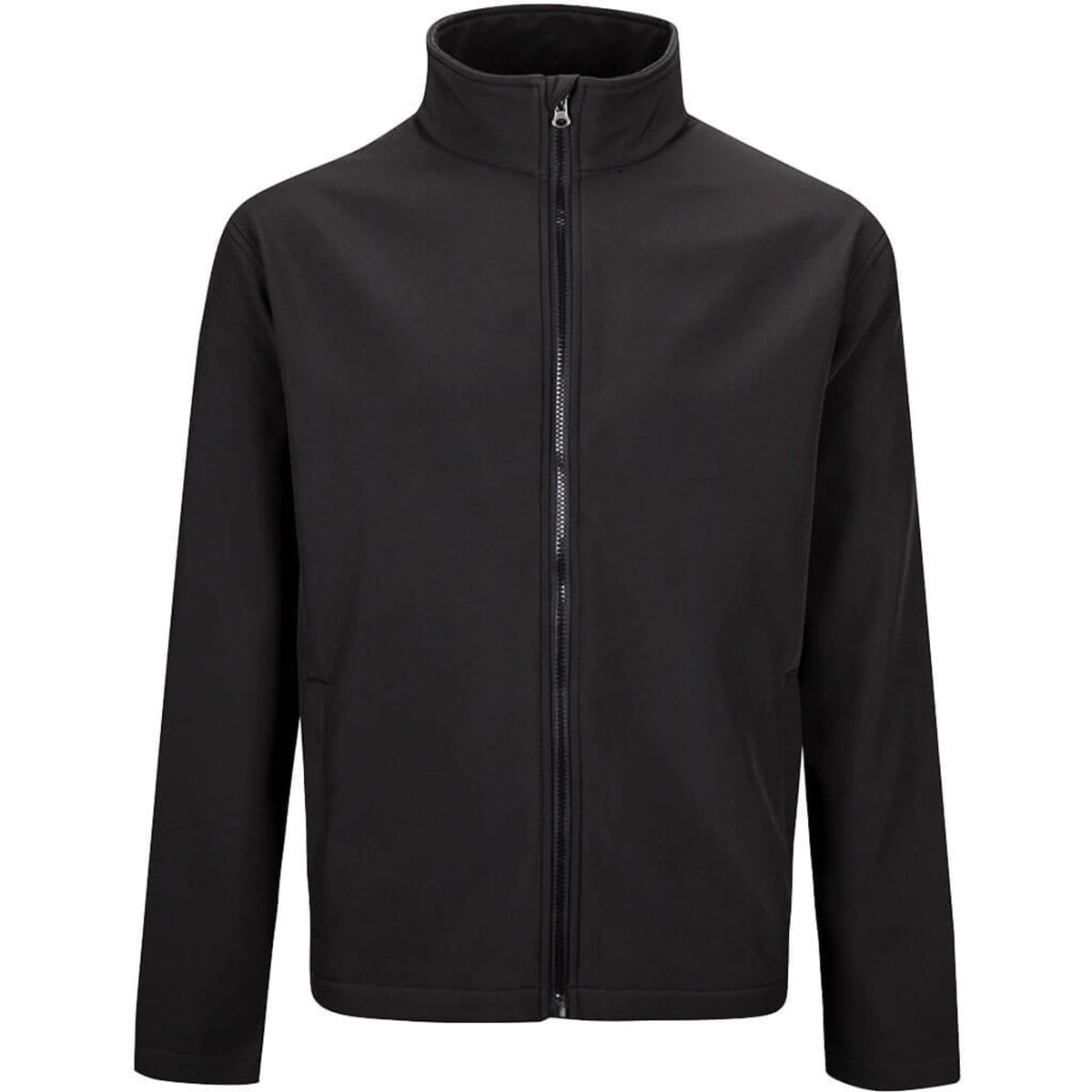 A black softshell jacket with a high collar and full front zip, featuring a logo on the chest.