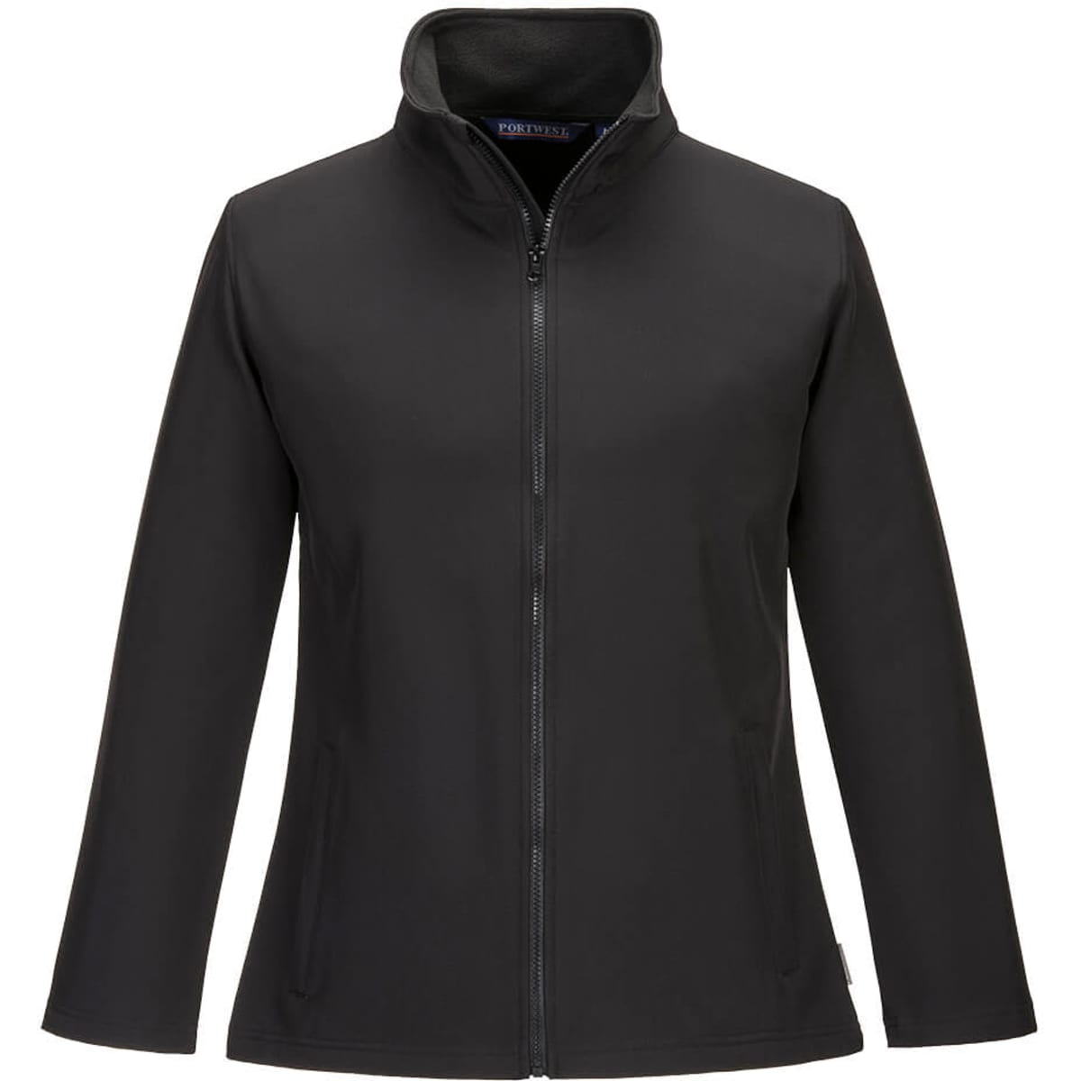 A women's soft shell jacket in black with a zip front and high collar, featuring an unbranded design.