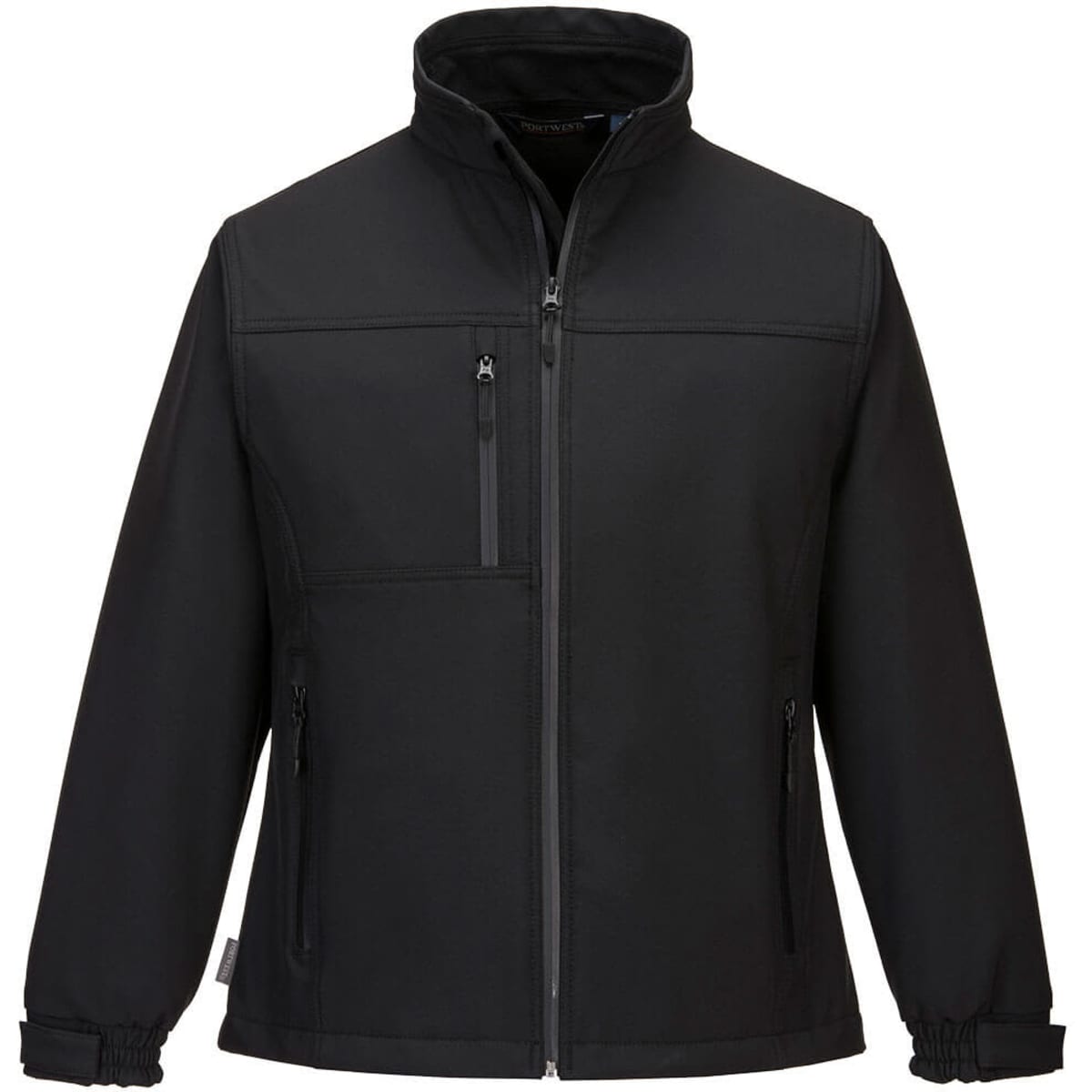 A black soft shell jacket with multiple zip pockets and a high collar. Features a logo on the chest.