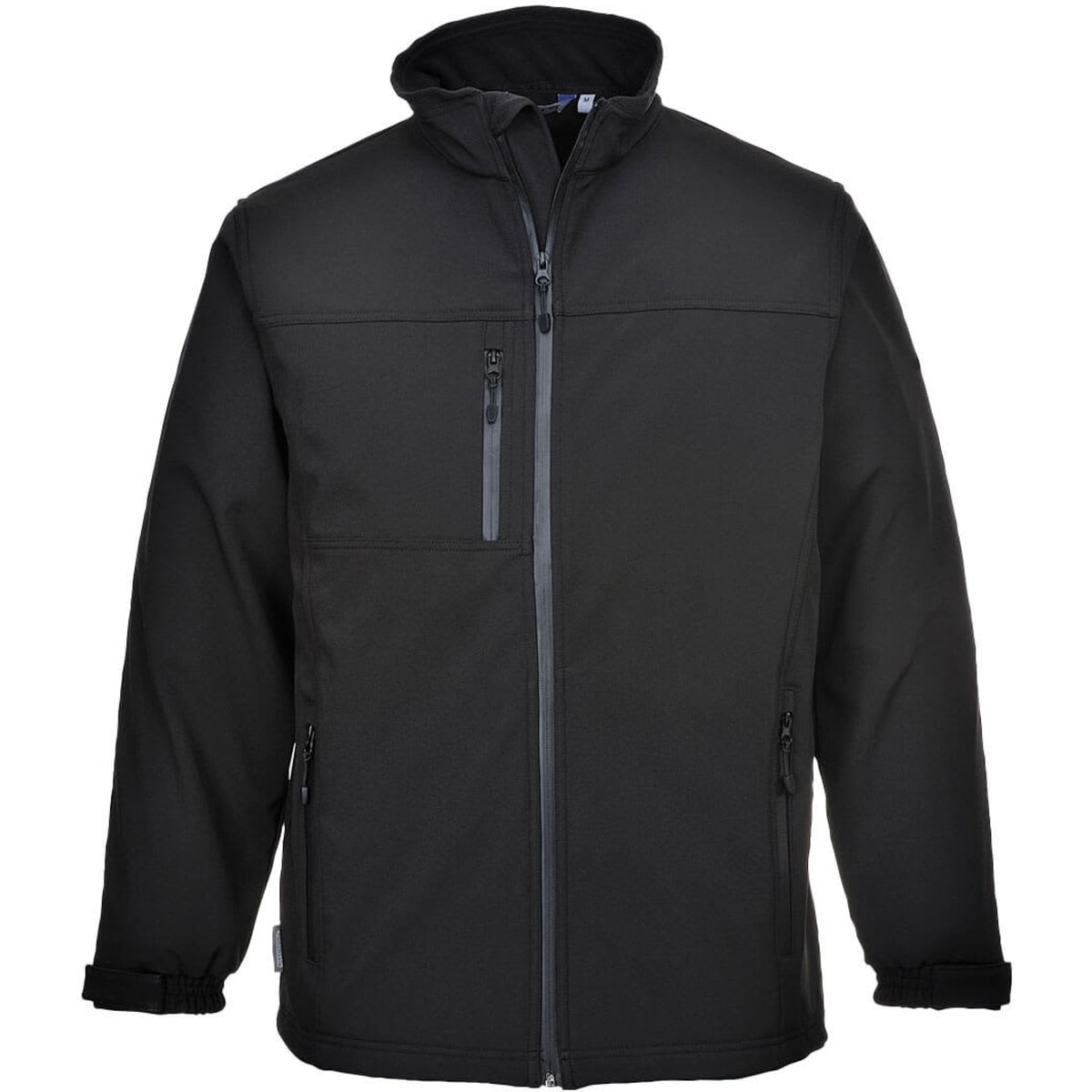 A black softshell jacket with a zippered front, two side pockets, and a hood. It features a logo on the chest.
