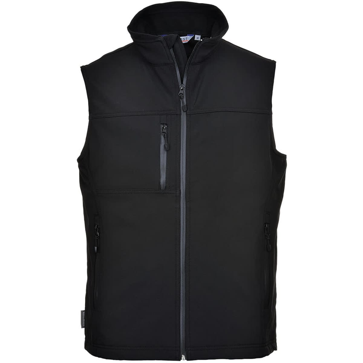 A black softshell bodywarmer with a zip front, pockets, and a collar. It features a logo on the design.
