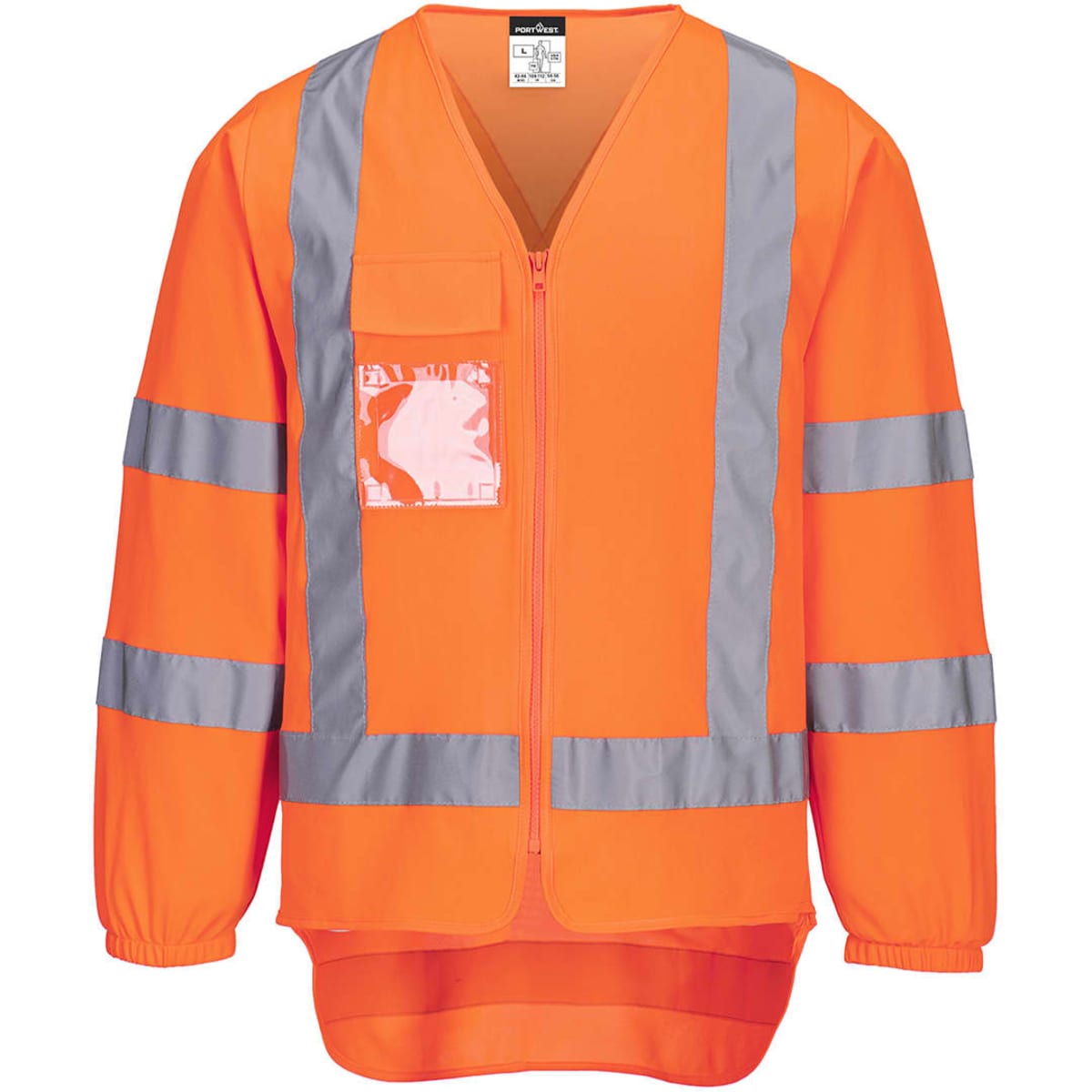 An orange long-sleeved vest with reflective stripes and a clear pocket, featuring a logo.
