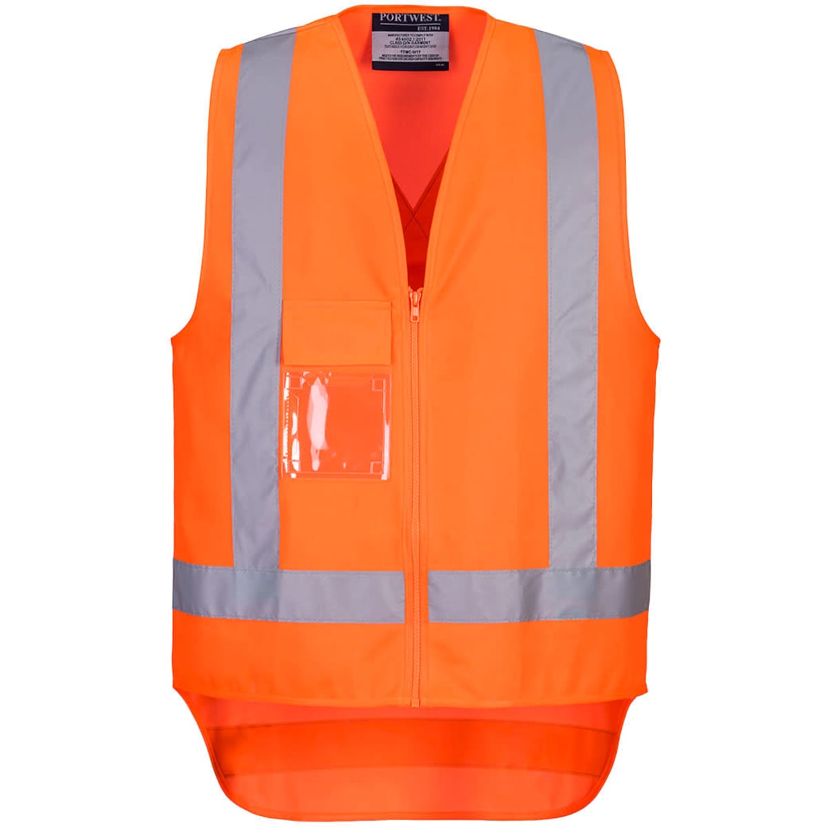 An orange hi-vis vest featuring reflective stripes and a clear pocket. The vest has a front zipper and branding.