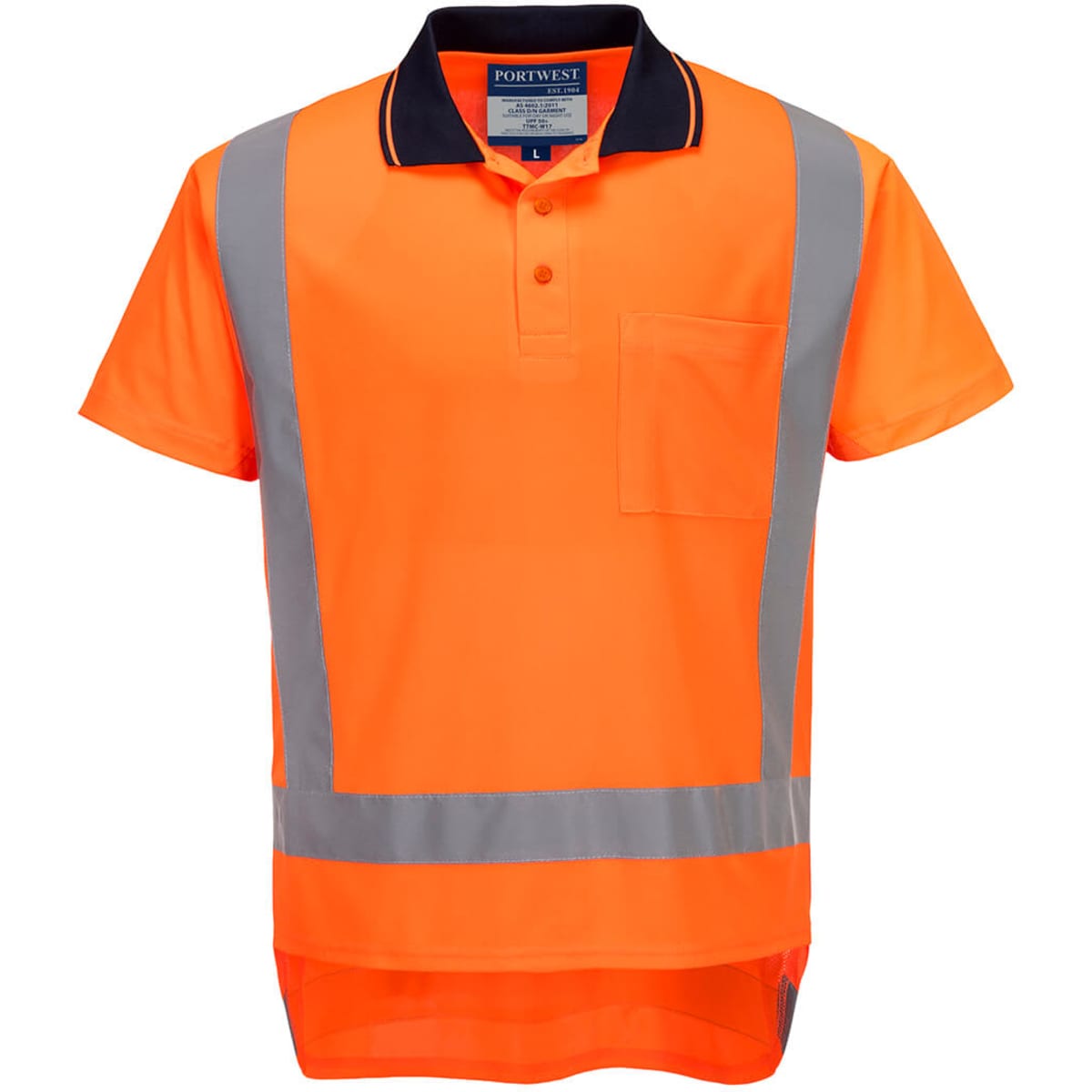 An orange polo shirt with grey reflective stripes and a black collar, featuring a chest pocket and a logo.