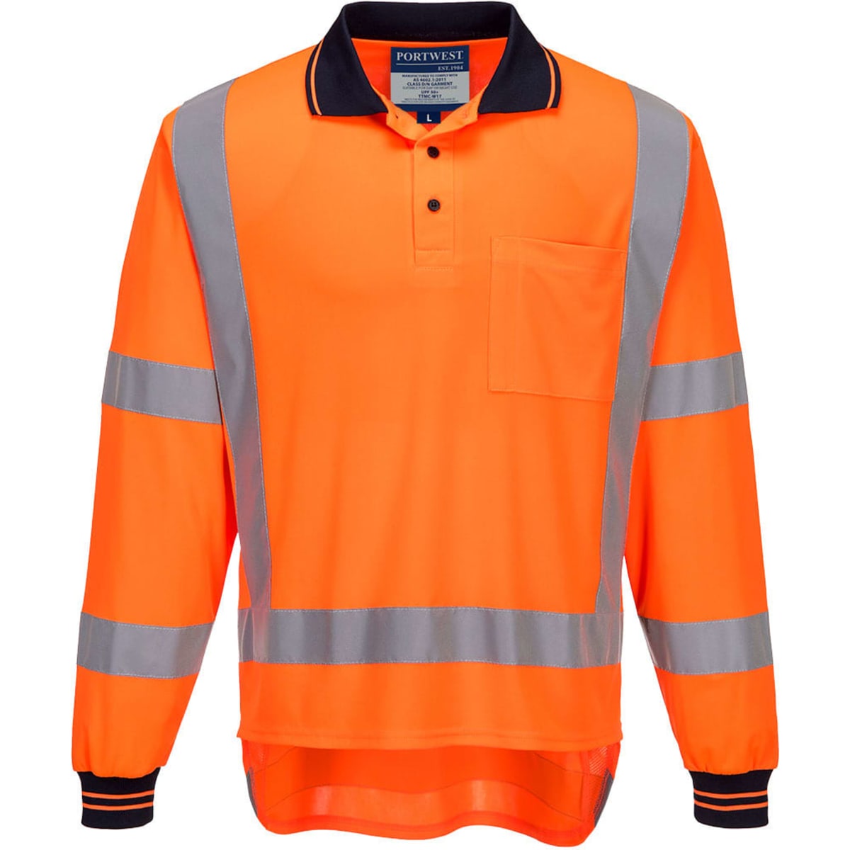 A long-sleeve polo shirt in bright orange with reflective stripes and a pocket, featuring a collar and a logo.