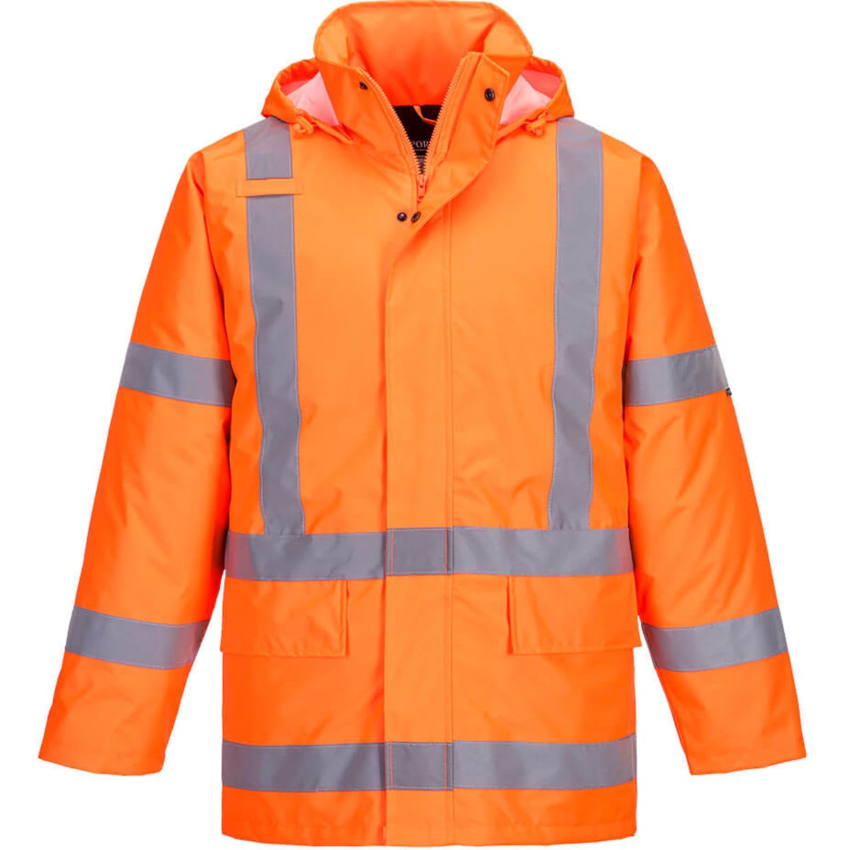 An orange winter jacket with reflective stripes and a hood. Features a logo on one sleeve.