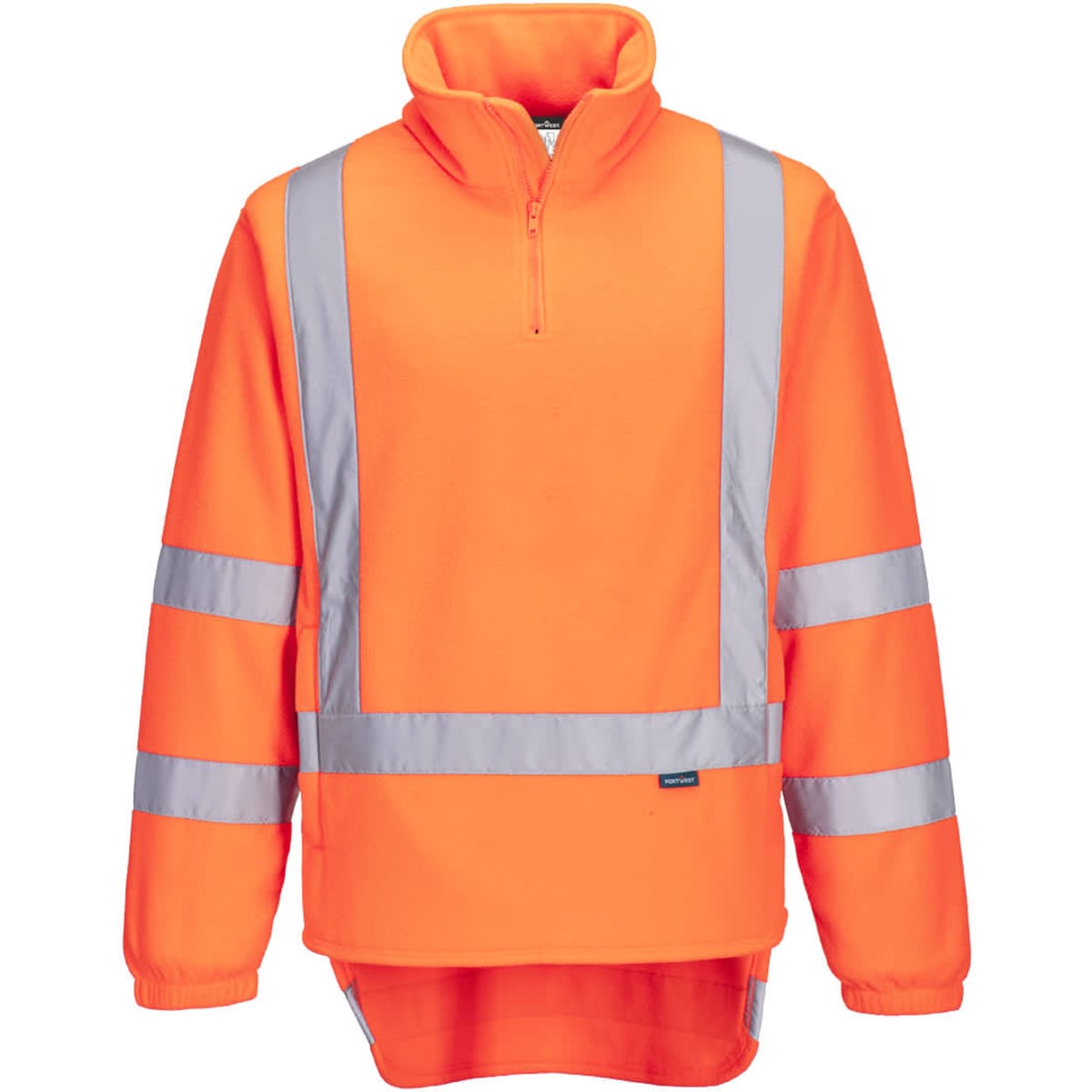 An orange 1/4 zip pullover fleece with reflective stripes and a logo, suitable for workwear.