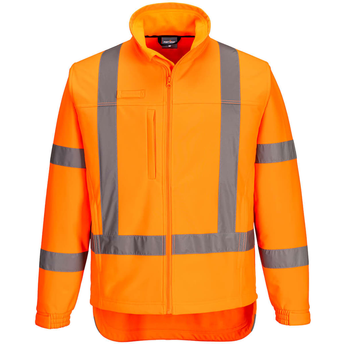 A bright orange softshell jacket with reflective grey stripes and a zip front, featuring a collar and a logo.