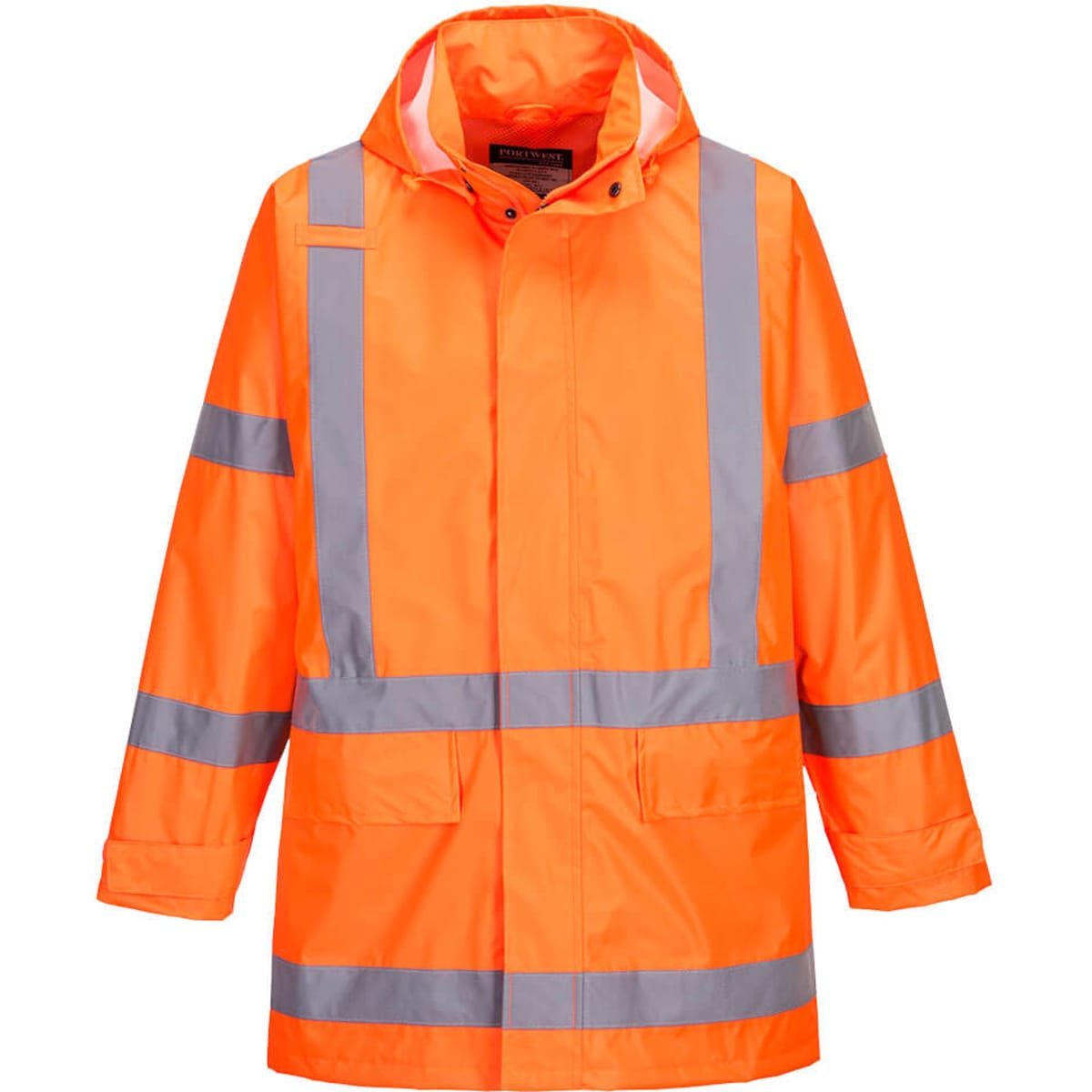 A bright orange rain jacket featuring reflective strips and a hood, designed for visibility and protection from rain.