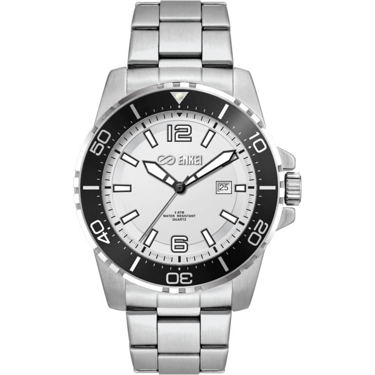 A stainless steel sports watch featuring a white dial, black accents, and a date display with a branded logo.