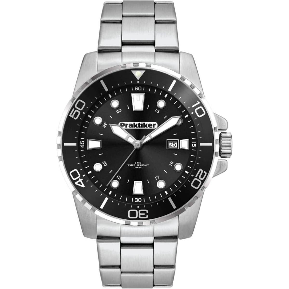 A stainless steel sports watch with a black dial, luminous markers, and a metal strap, featuring a branding logo.