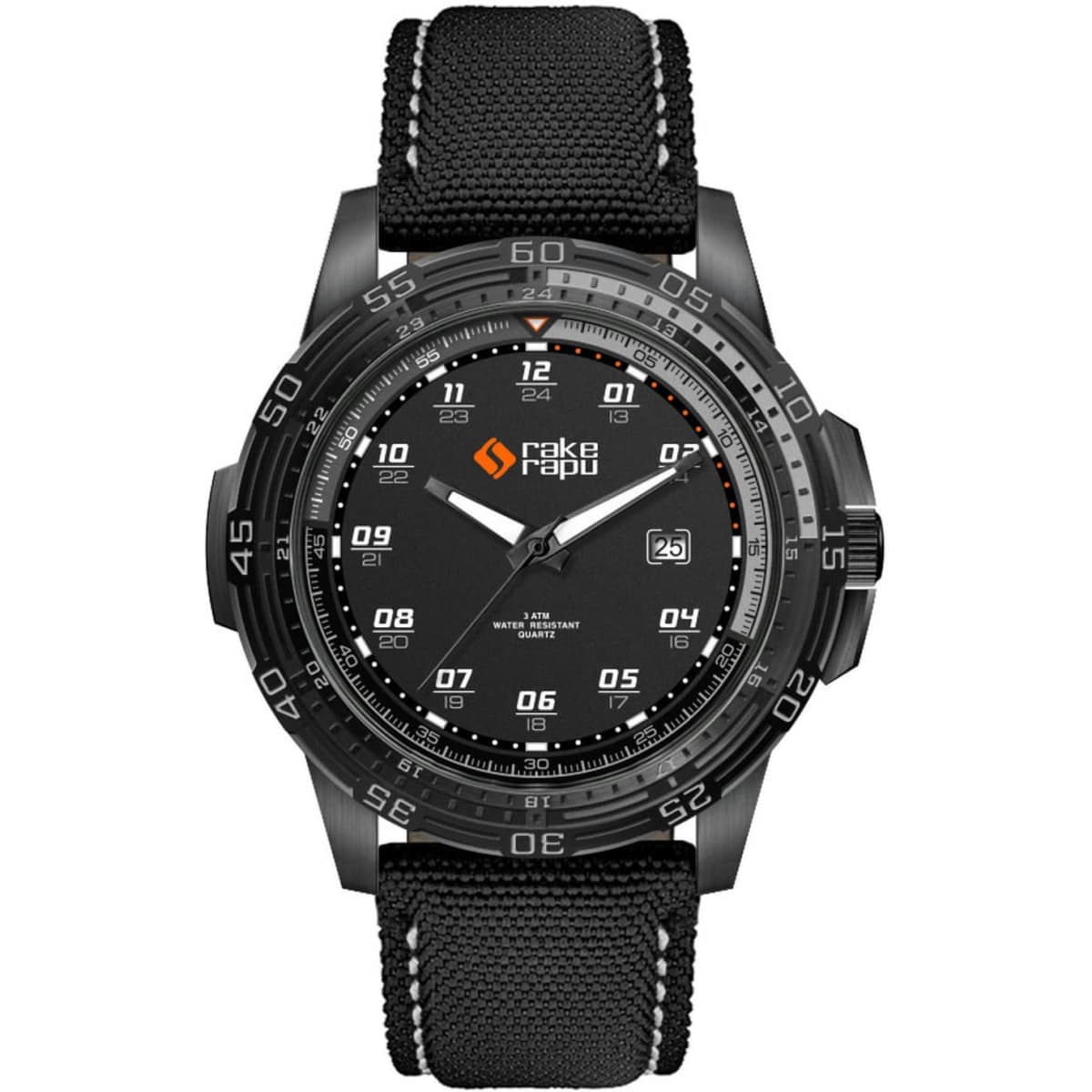 A black sports watch featuring a rPET strap, with a black dial and silver accents, including a logo on the strap.