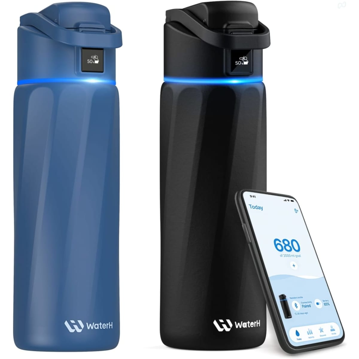 A drink bottle available in blue and black, featuring a logo and a digital display on top for smart features.