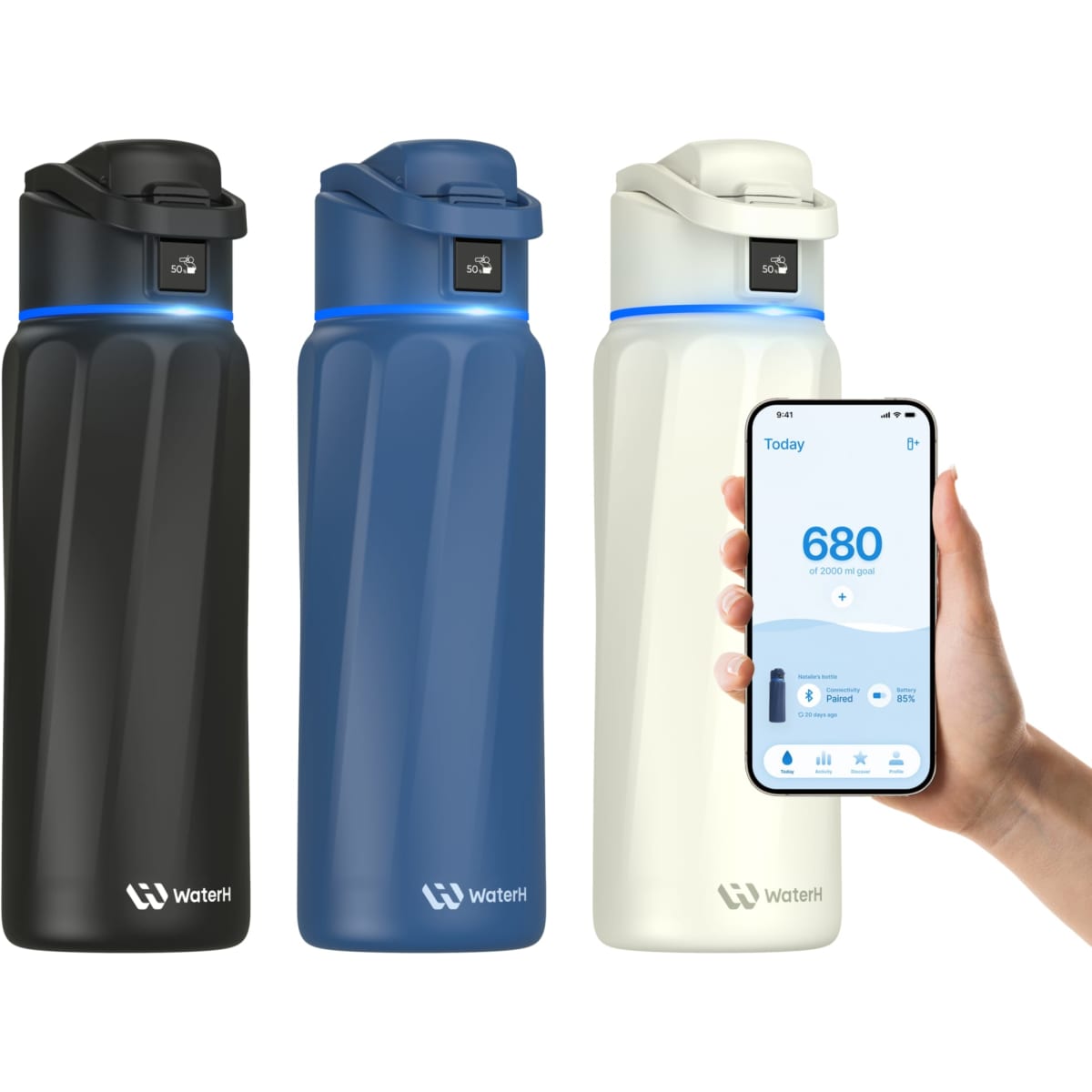 A drink bottle in black, blue, and white, featuring a digital panel and a logo on the base.